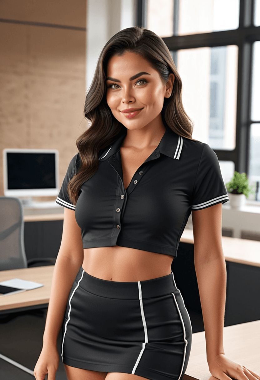 Wearing short black tennis skirt and a crop top shirt, portrait picture, looking at the viewer with a smile, wearing a stylish fitted jumpsuit, in a modern office setting