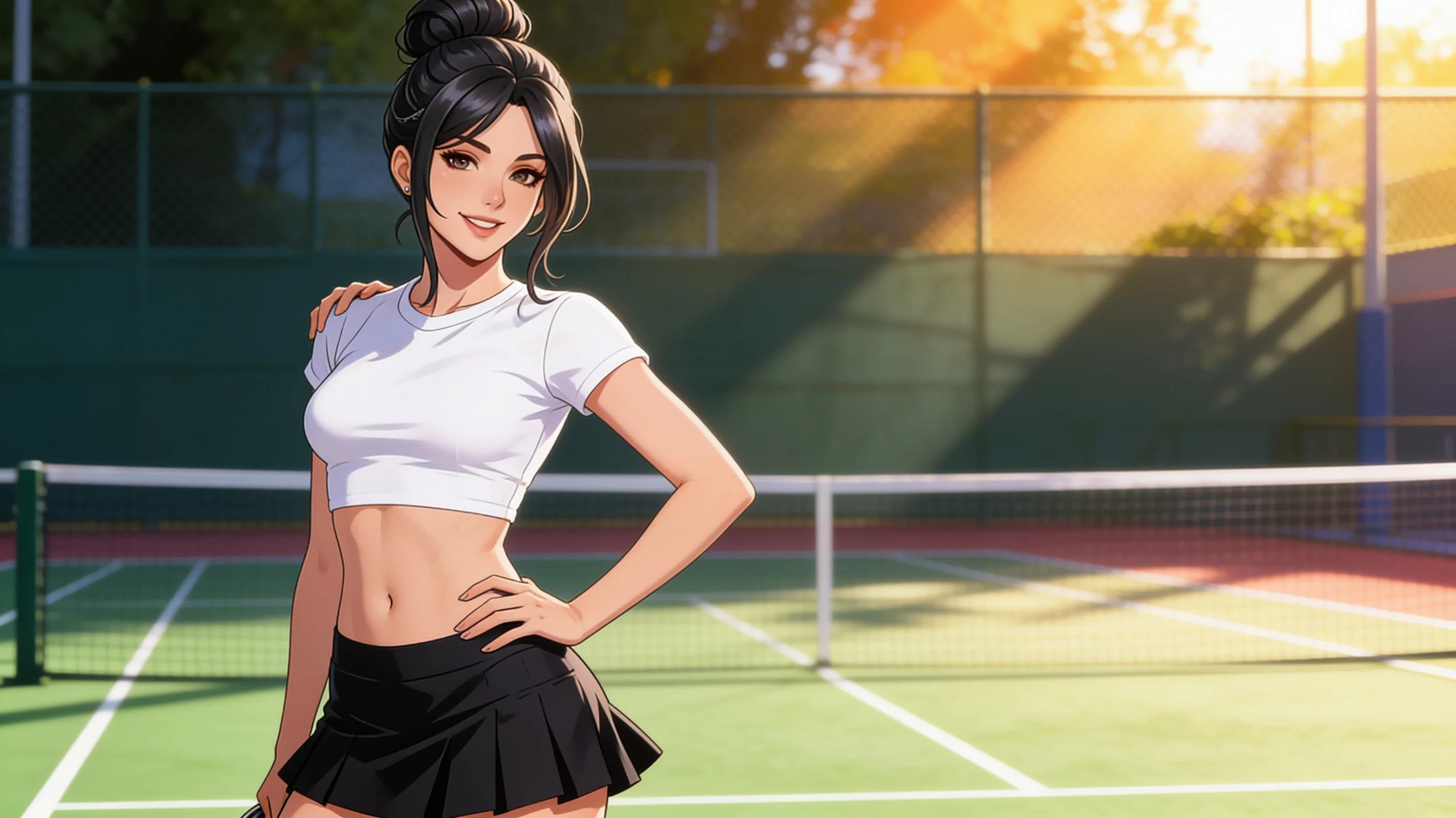 21-year-old Caucasian woman with black hair in a bun, brown eyes, and skinny body type, wearing a short black tennis skirt with natural folds and a fitted white crop top shirt, standing in a confident pose with one hand on her hip and shoulders slightly angled, medium close-up portrait from frontal eye-level angle in a sunlit tennis court setting with vibrant atmospheric lighting casting soft shadows, direct eye contact with the viewer and a warm genuine smile with lips gently parted, anime style, high-quality illustration, Flawless anatomy, no extra digits, no extra limbs, detailed anime shading, high-quality illustration.