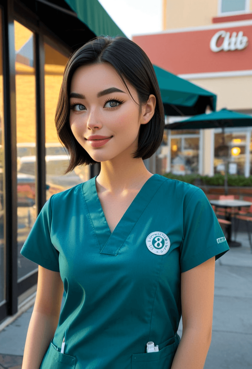 Wearing scrubs outside a coffee shop, looking happy to see me.