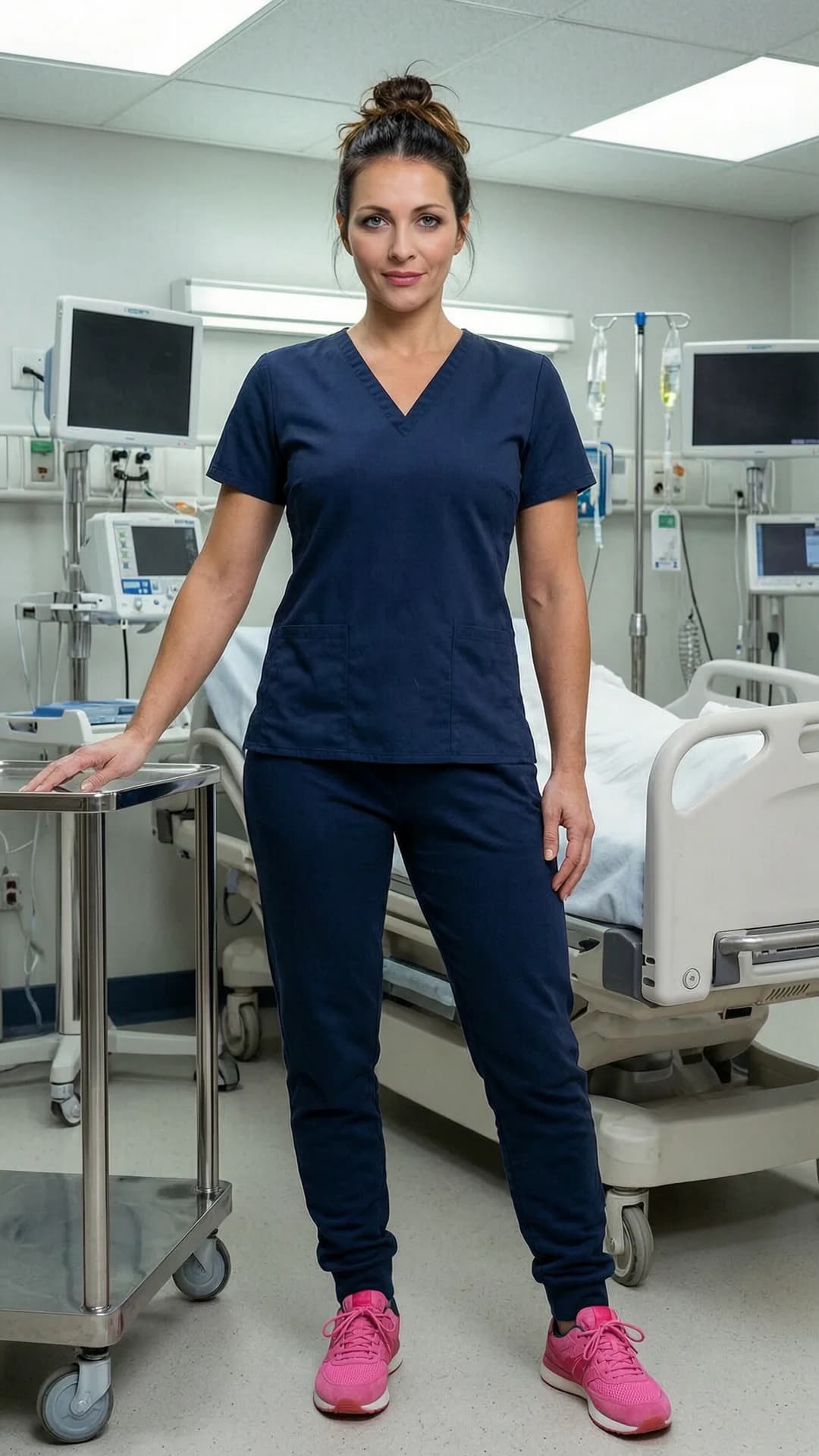 A 35-year-old Caucasian woman with straight brunette hair tied in a messy bun, piercing green eyes, and a muscular athletic build stands confidently in an ICU hospital room, wearing a navy blue scrub top with a slight v-neck that clings to her toned torso, skin-tight navy blue jogger pants that accentuate her large athletic ass and powerful thighs, and bright pink sneakers, captured in a medium full-body shot from a slight three-quarter front angle with soft clinical overhead lighting casting subtle shadows across her form, her posture upright with one hand resting on a medical cart and the other relaxed at her side, intense direct eye contact with professional compassion and quiet authority, lips gently closed in a focused expression, detailed ICU background with monitors, IV stands, and patient beds visible behind her, cinematic realism, Flawless anatomy, no extra digits, no extra limbs, realistic skin texture, high-detail.