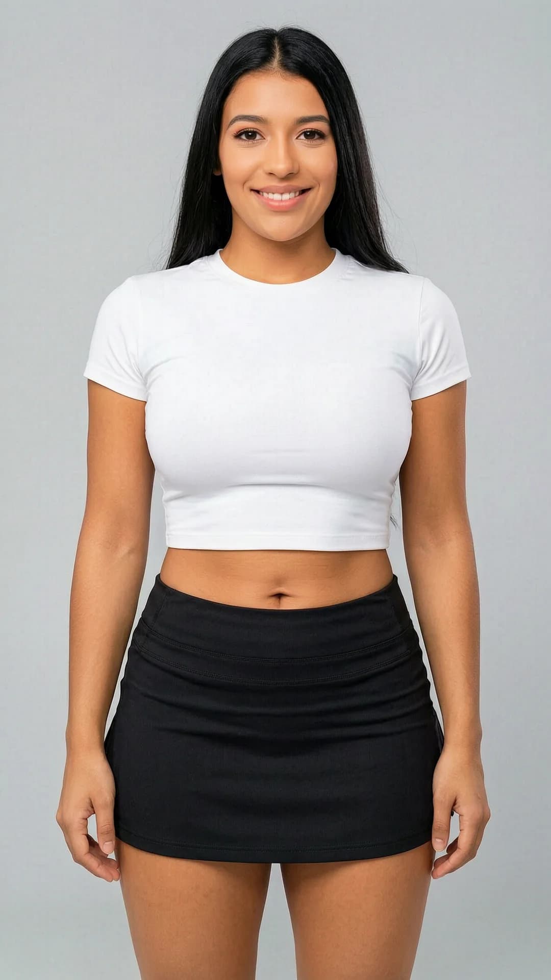 A 25-year-old Arabic woman with a fit athletic body, straight black hair, and brown eyes, wearing a short black tennis skirt and a tight white crop top shirt that exposes her midriff, captured in a medium close-up frontal portrait shot from eye level with direct eye contact and a warm genuine smile conveying confidence and approachability, soft natural lighting highlighting her smooth skin and confident posture with athletic build and natural body tension, realistic style, Flawless anatomy, no extra digits, no extra limbs, realistic skin texture, high-detail.