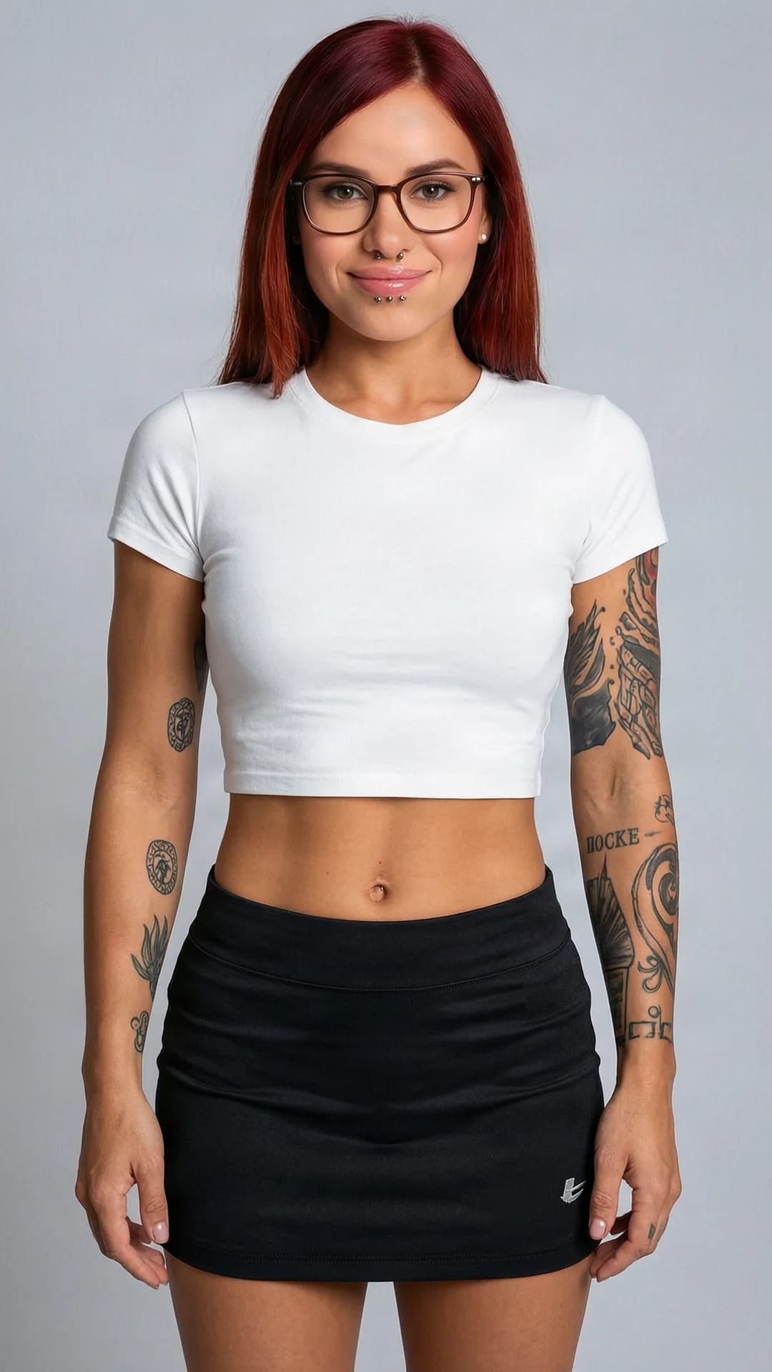 32-year-old muscular Latina woman with long red hair, green eyes, wearing glasses and visible tattoos along with nipple piercings, dressed in a tight white crop top shirt that exposes her toned midriff and a short black tennis skirt, standing in a neutral studio setting with soft even lighting, medium close-up portrait from straight-on eye-level angle, body facing forward with shoulders squared, direct intense eye contact with the viewer and a warm genuine smile, lips parted slightly, flawless anatomy, no extra digits, no extra limbs, realistic skin texture, high-detail.