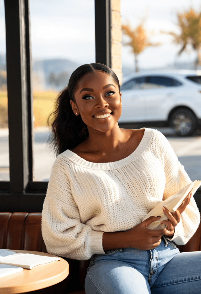Relaxed woman wearing fitted jeans and cozy oversized sweater, sitting in trendy coffee shop with latte, natural sunlight through large windows, genuine laughing expression, casual lifestyle photography, warm autumn colors, holding book, comfortable and approachable vibe, wearing a stylish bikini on the beach