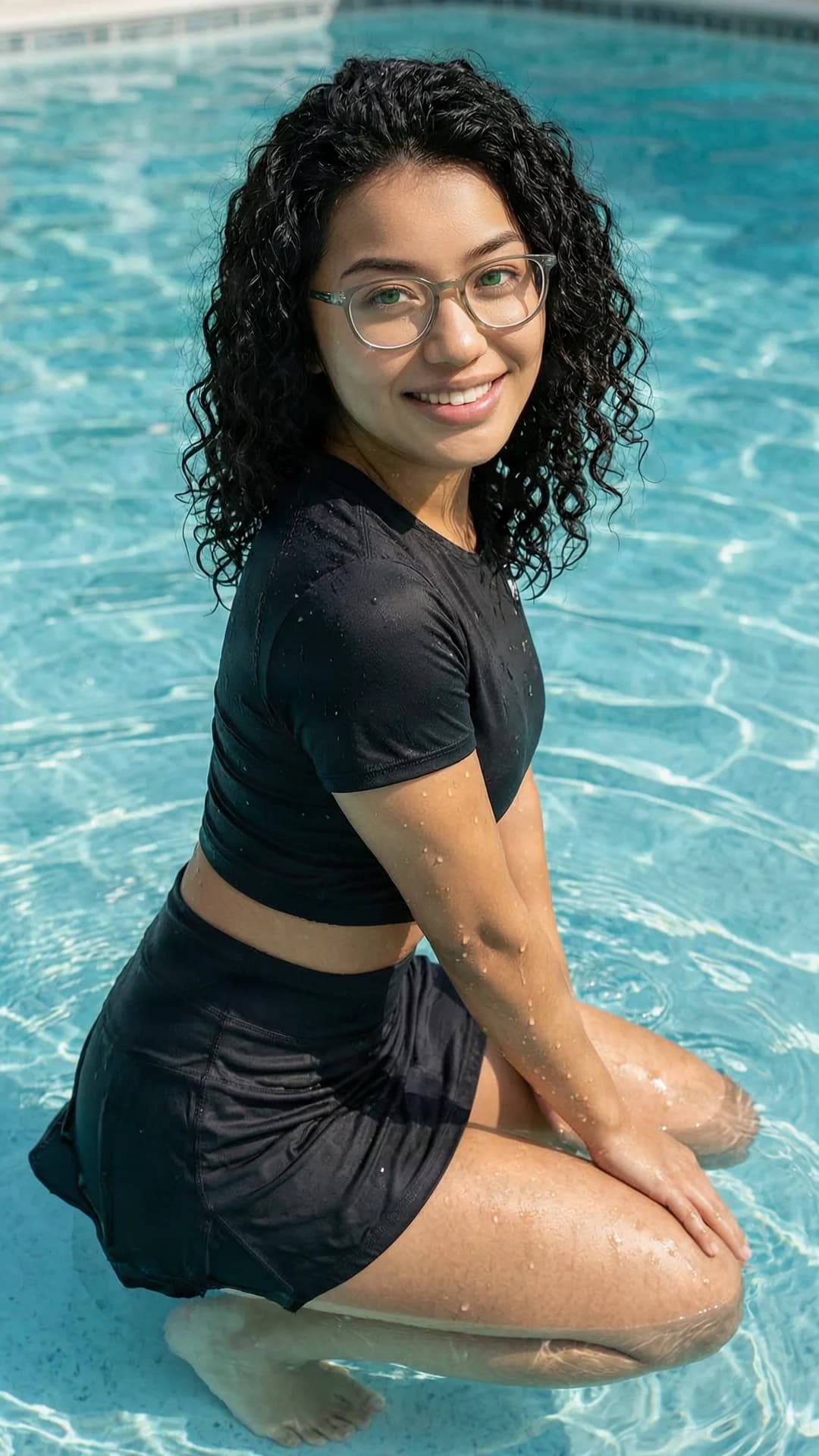 24-year-old Asian woman with curly black hair, green eyes, fit athletic build and stylish glasses, squatting in athletic pose inside clear blue water while wearing a short black tennis skirt and tight crop top shirt, wet fabric clinging to her body with water droplets on skin, medium close-up portrait from front angle with direct eye contact and warm friendly smile, soft natural sunlight filtering through the water creating gentle ripples and highlights on her skin, Flawless anatomy, no extra digits, no extra limbs, realistic skin texture, high-detail.
