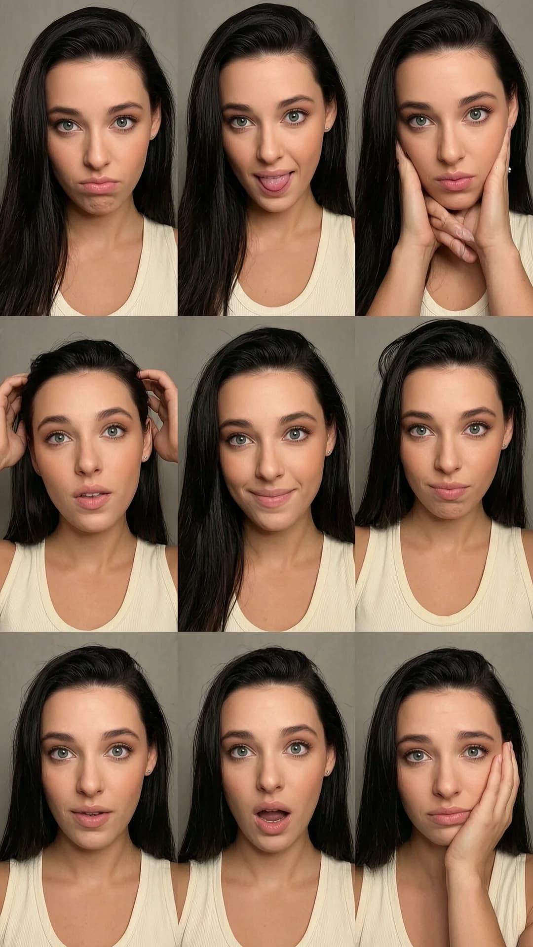 29-year-old Caucasian woman with straight brunette hair, green eyes, skinny body type and visible nipple piercings beneath a low-cut cream tank top, captured as a clean 3x3 grid collage of tight head-and-shoulders smartphone candid portraits in full color with neutral-warm tones, visible grain, natural skin texture and slight handheld imperfections, each panel sharing identical frontal close-up framing and direct flash lighting with subtle harsh shadows, panel 1 slight snarl with AU4-AU9-AU10 and intense direct eye contact showing disdain, panel 2 playful tongue out with AU25-AU26-AU19 and cheeky upward eye contact, panel 3 soft serious look with AU1-AU2-AU24 hands together and steady direct eye contact, panel 4 relaxed upward gaze with AU5-AU25 hands in hair and dreamy eye contact, panel 5 subtle natural smile with AU12-AU6 and warm direct eye contact, panel 6 intense biting lip with AU4-AU10-AU25 and smoldering direct eye contact, panel 7 playful fish face with AU18-AU22 and mischievous direct eye contact, panel 8 surprised open-mouth with AU25-AU26-AU5 and wide direct eye contact, panel 9 soft melancholic tired expression with AU1-AU15 hand on face and weary direct eye contact, consistent subject and lighting across all panels, Flawless anatomy, no extra digits, no extra limbs, realistic skin texture, high-detail.