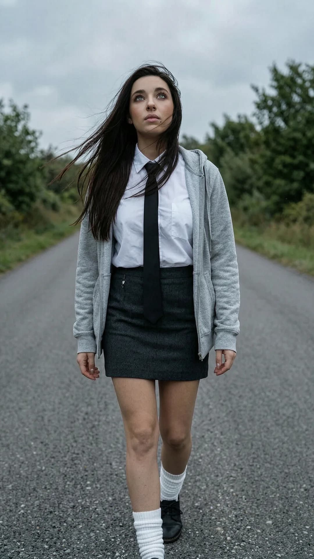 29-year-old Caucasian woman with straight brunette hair, green eyes, skinny body type and visible nipple piercings, walking mid-stride directly toward the camera on an empty road under an overcast sky, long hair blown across her face by strong wind with motion blur and soft focus, wearing a white button-up shirt with black tie, loose gray hoodie, short dark skirt, white scrunched socks and dark shoes, intense melancholic upward eye contact with introspective gaze directed at the viewer, muted greenery and asphalt background, isolated cinematic atmosphere, melancholic coming-of-age mood, raw unpolished realism, fleeting and introspective tone, frontal medium shot from eye level, flawless anatomy, no extra digits, no extra limbs, realistic skin texture, high-detail.