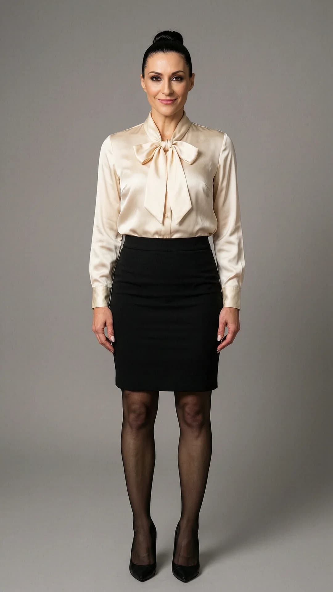 A 40-year-old muscular Caucasian woman with brunette hair styled in a tight bun, brown eyes, and defined athletic physique stands confidently in a full body frontal shot from eye level, wearing a cream button-up satin blouse with a large bow at the neck, a fitted black pencil skirt, sheer black stockings, and black stiletto heels, her posture upright with shoulders back and hands relaxed at her sides, direct eye contact with the viewer conveying confident poise and subtle intensity, lips closed in a slight smile, cinematic soft studio lighting highlighting the sheen on the satin blouse and subtle muscle tension in her arms and calves, neutral minimalist background, realistic style, Flawless anatomy, no extra digits, no extra limbs, realistic skin texture, high-detail.