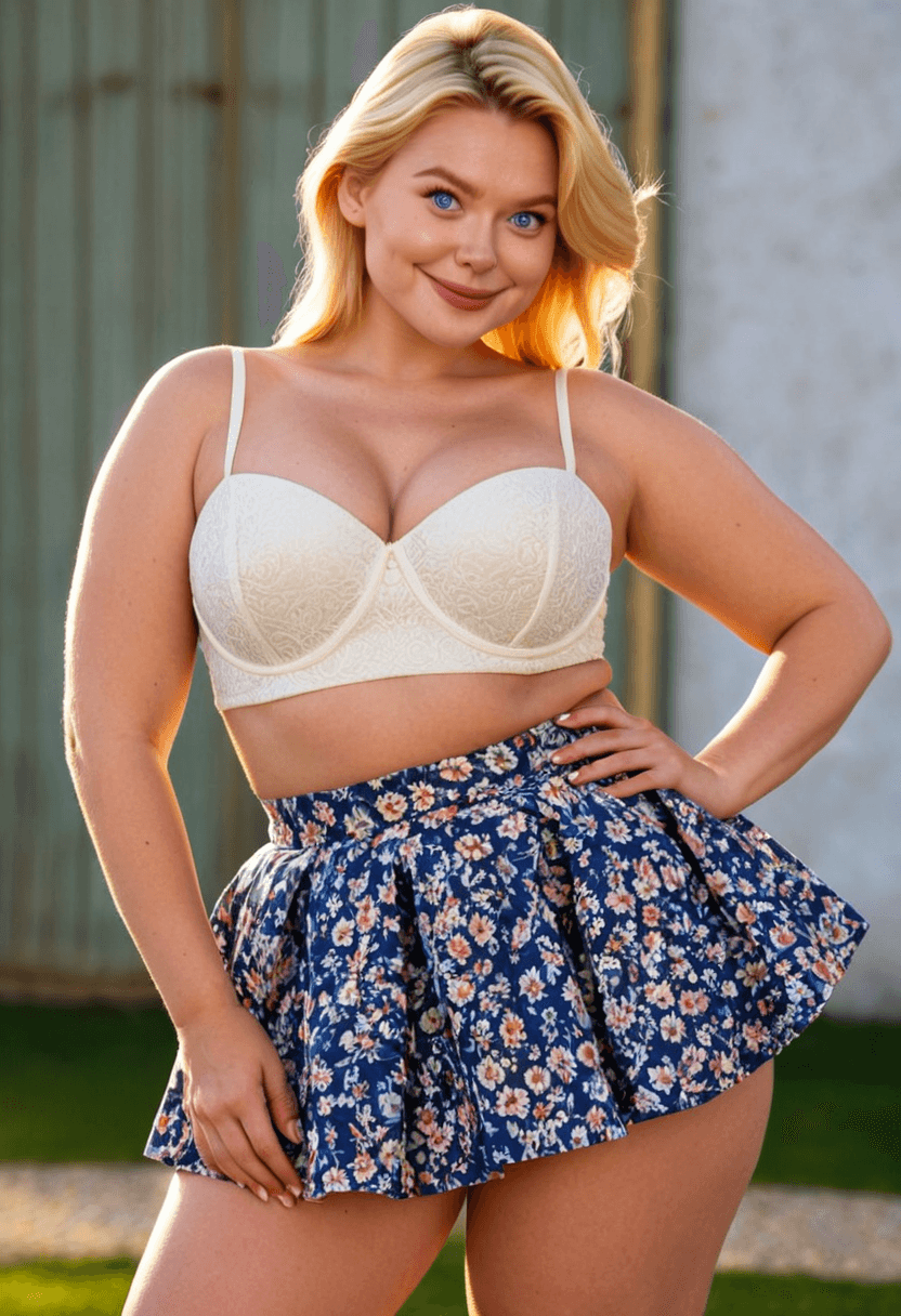 Morbidly obese, really fat, massively overweight , wearing a fashionable mini skirt