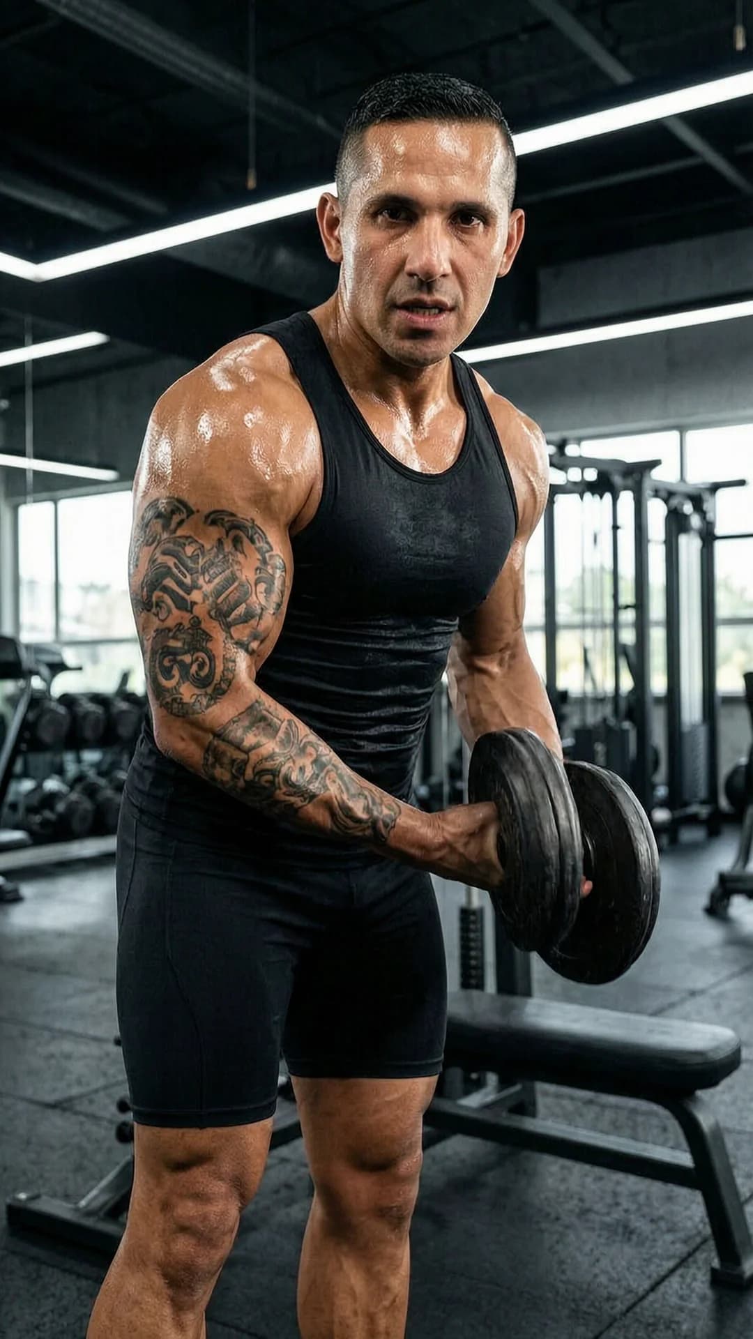 A 37-year-old Latino man with short black hair, brown eyes, and a wide muscular body type, wearing a tight black tank top stretched over his broad chest paired with short athletic compression shorts, visible tattoos covering his arms and chest, mid-workout in a modern gym surrounded by exercise equipment, captured in a dynamic three-quarter low-angle shot from slightly below emphasizing his powerful stance, flexing his biceps while lifting heavy dumbbells in a bicep curl pose with pronounced muscle tension and bulging veins, skin glistening with sweat and a light sheen across his athletic physique, intense direct eye contact with the viewer showing focused determination and raw strength, mouth slightly open from exertion, cinematic gym lighting with sharp highlights on sweat droplets and defined muscle contours, sporty fitness setting, Flawless anatomy, no extra digits, no extra limbs, realistic skin texture, high-detail.