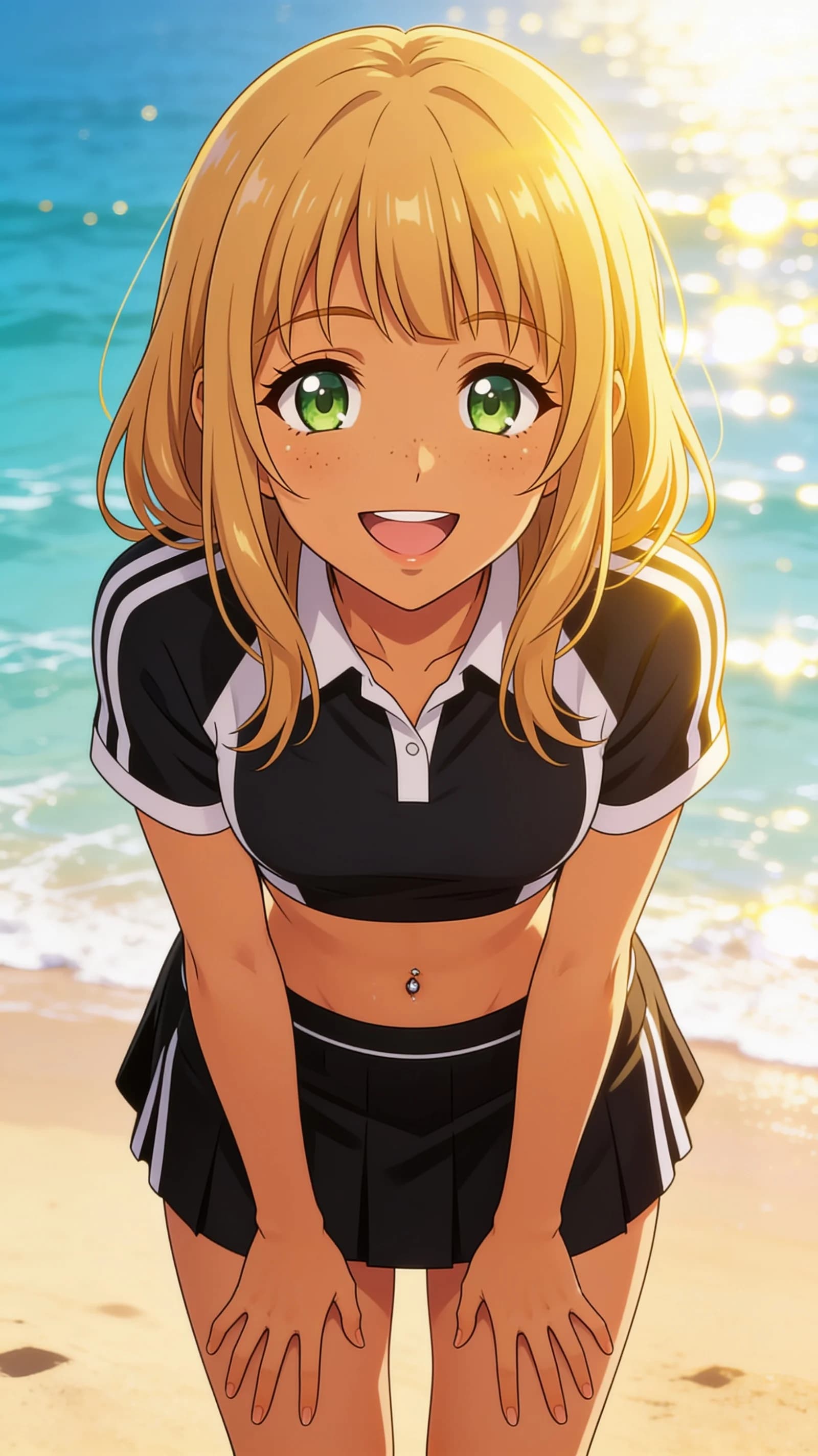 anime style, 2D cel-shaded anime illustration, anime key visual, flat cel shading, clean bold line art, vibrant saturated colors, large detailed expressive anime eyes with crisp catchlights, flat 2D rendering, not photorealistic, not 3D render, 21-year-old Indian woman with skinny body type, blonde hair with bangs, green eyes, freckles, belly piercings, standing centered on a sunny beach in vertical 9:16 portrait composition, wearing a short black tennis skirt and a crop top shirt that reveals her midriff and belly piercings, medium close-up from front angle with character filling the frame head to mid-thigh, direct eye contact with the viewer and a bright cheerful smile, joyful expression with lips curved upward, bright sunlight with golden rim lighting and sparkling ocean reflections in the background, detailed anime cel shading, crisp clean linework, correct anatomy, hands cleanly drawn with five fingers, studio-quality anime key visual; avoid: photorealistic, 3D render, extra fingers, deformed hands, blurry, low detail.