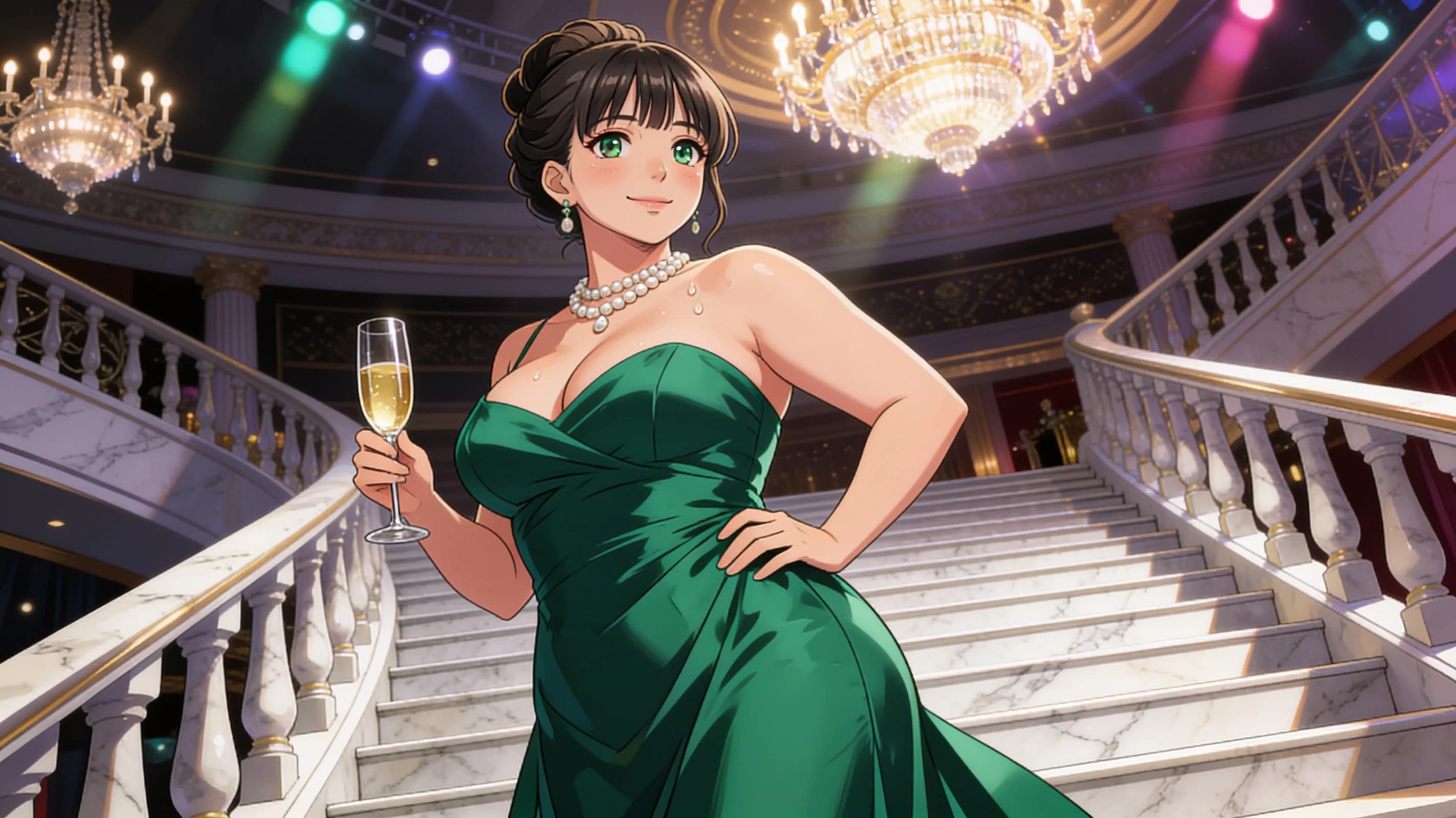 A 38-year-old Caucasian woman with brunette hair in elegant updo with bangs, green eyes, and chubby body type, standing confidently on a marble staircase at a luxury venue in a flowing emerald evening gown with natural folds and flow hugging her curves, pearl jewelry accentuating her neckline, holding a champagne glass in one hand, three-quarter view from a low angle looking up, direct eye contact with confident sophisticated allure and subtle smile, glamorous chandelier lighting creating vibrant atmospheric highlights and soft shadows, her chubby form with breasts resting naturally against the gown fabric, subtle skin sheen from the lighting, soft blush on cheeks, sweat drops on collarbone, anime style, high-quality illustration. Flawless anatomy, no extra digits, no extra limbs, detailed anime shading, high-quality illustration.