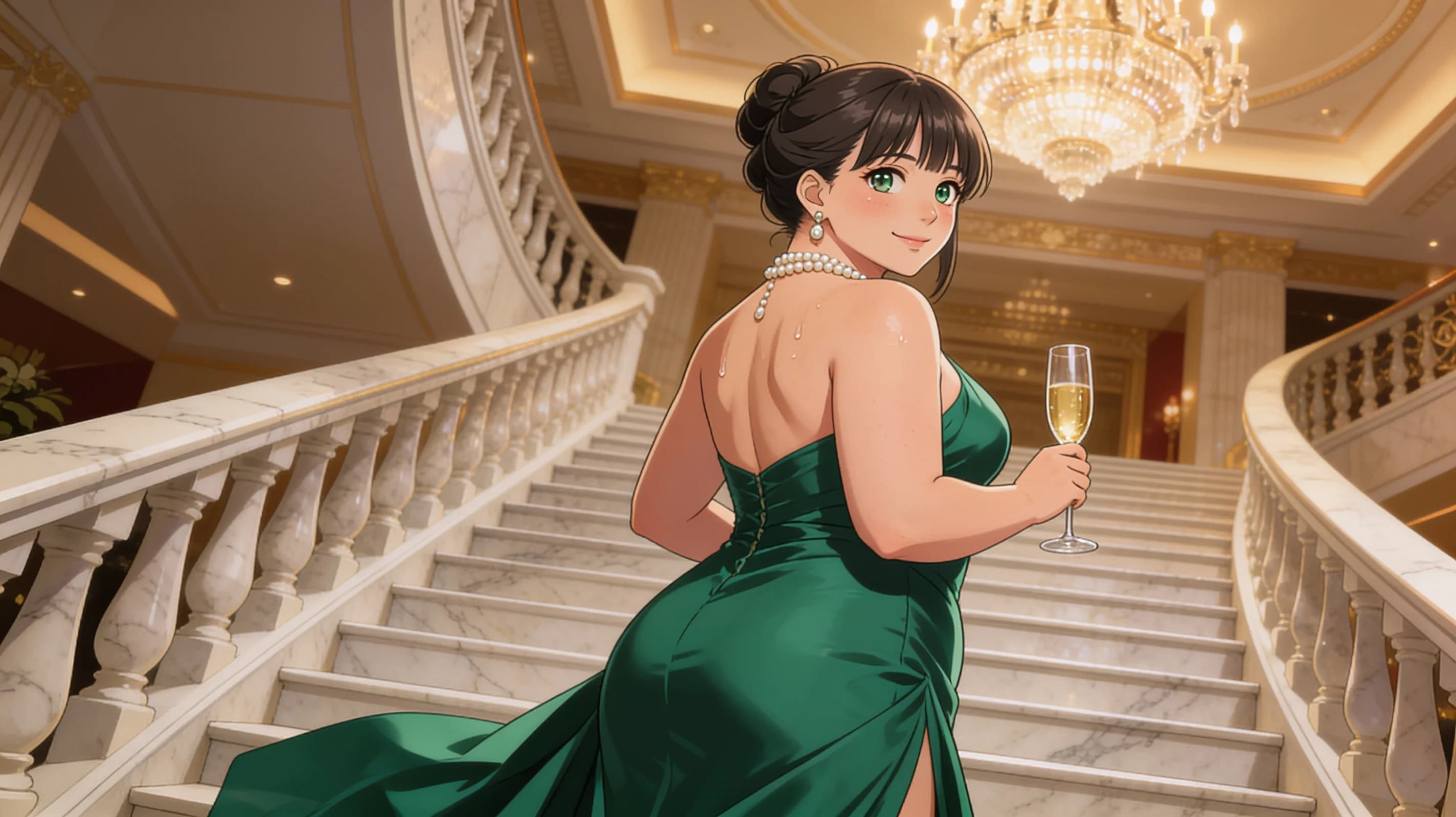 A 38-year-old Caucasian woman with brunette hair in elegant updo with bangs, green eyes, and chubby body type, standing confidently on a marble staircase at a luxury venue in a flowing emerald evening gown with natural folds and flow hugging her curves, pearl jewelry accentuating her neckline, holding a champagne glass in one hand, three-quarter view from a low angle looking up, direct eye contact with confident sophisticated allure and subtle smile, glamorous chandelier lighting creating vibrant atmospheric highlights and soft shadows, her chubby form with breasts resting naturally against the gown fabric, subtle skin sheen from the lighting, soft blush on cheeks, sweat drops on collarbone, anime style, high-quality illustration. Flawless anatomy, no extra digits, no extra limbs, detailed anime shading, high-quality illustration.