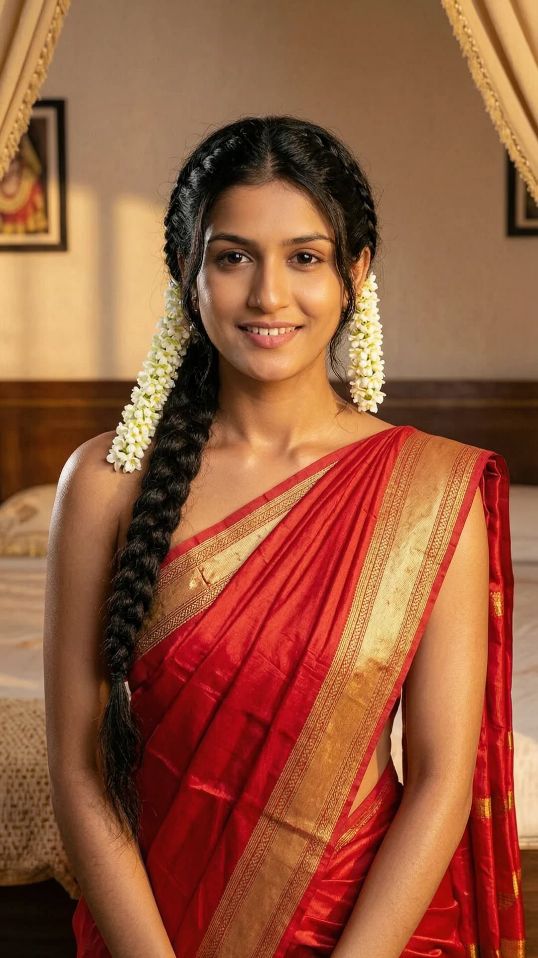 21-year-old Indian woman with long black braided hair adorned with fresh white jasmine flowers, warm brown eyes, fit toned body, wearing a vibrant bridal red silk saree elegantly draped across her shoulder and waist with intricate gold borders and subtle pleats, captured in a medium close-up portrait from straight-on eye-level angle inside a softly lit elegant traditional Indian bridal chamber bathed in warm golden hour lighting, maintaining a poised upright posture with shoulders relaxed and head gently tilted, intense direct eye contact with the viewer paired with a soft radiant smile and joyful emotional warmth, featuring subtle skin sheen on her collarbones and arms, delicate fabric folds that highlight her fit physique, evoking a serene celebratory mood, Flawless anatomy, no extra digits, no extra limbs, realistic skin texture, high-detail.