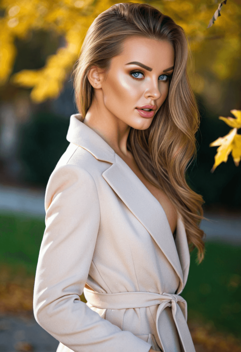 A hyper-realistic, full-body portrait of a beautiful 24-year-old caucasian woman, skinny body type, long light brown hair with gentle sunlight highlights, deep blue eyes, soft natural makeup, confident and captivating gaze, subtle mysterious smile, wearing a stylish beige coat over a dark turtleneck, standing outdoors in warm afternoon light, blurred autumn trees with golden leaves in the background, romantic and cinematic atmosphere, ultra-realistic, 4K, soft focus background, cinematic lighting, warm tones, natural look, elegant and sophisticated mood, shot on 85mm lens, f/1.8, ISO 100, natural daylight