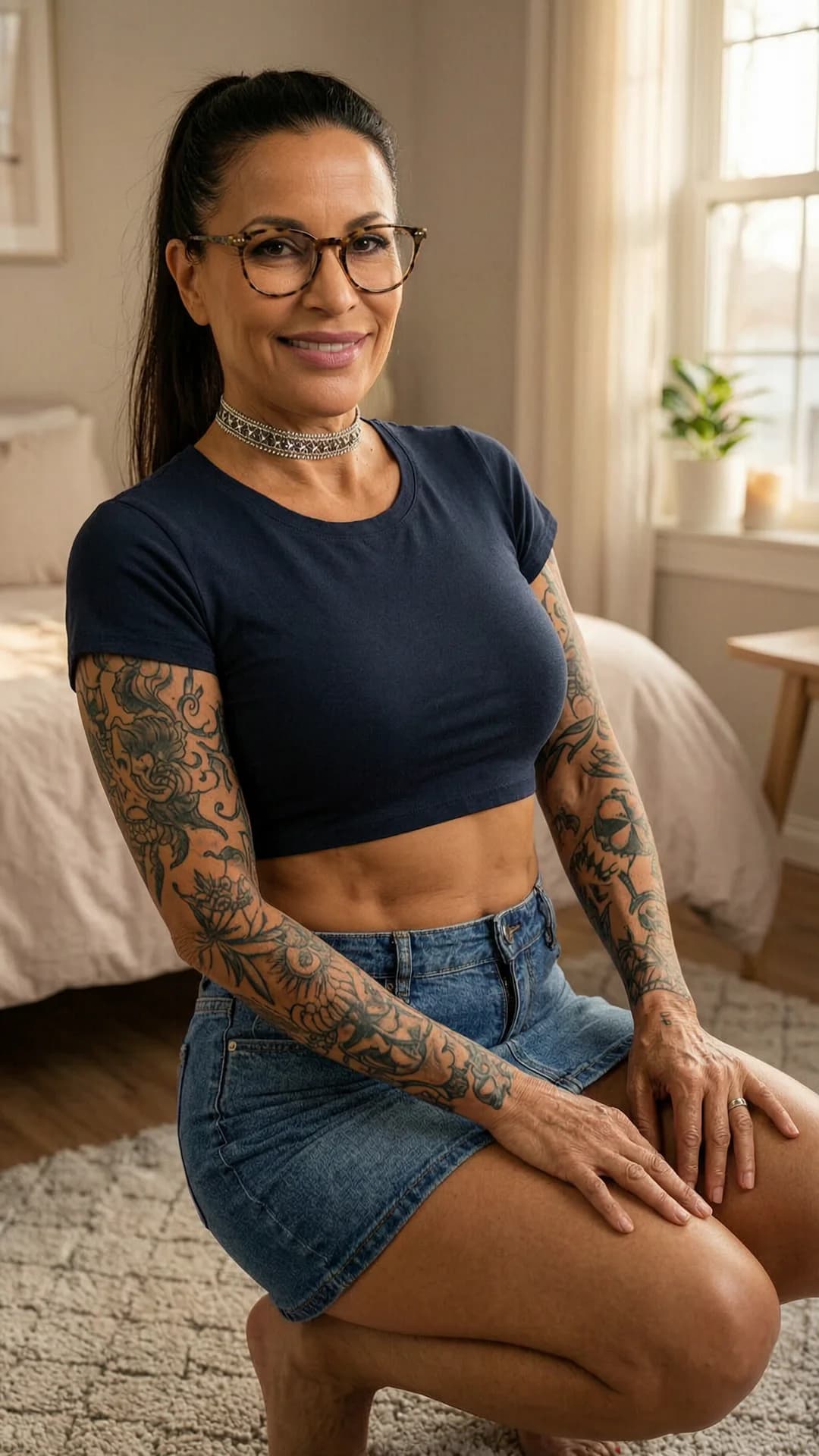 A 50-year-old Latina woman with a skinny body type, long brunette ponytail, brown eyes behind stylish glasses, covered in intricate artistic tattoos and visible nipple piercings under her clothing, wearing a tight crop top shirt exposing her midriff, a fashionable mini skirt, and a fashionable choker, squatting in an athletic pose with knees bent and thighs tensed in a cozy bedroom setting with soft natural lighting, captured in a medium close-up portrait from eye-level front angle with shoulders slightly angled toward the viewer and hips relaxed, maintaining direct eye contact with a warm genuine smile and parted lips, Flawless anatomy, no extra digits, no extra limbs, realistic skin texture, high-detail.