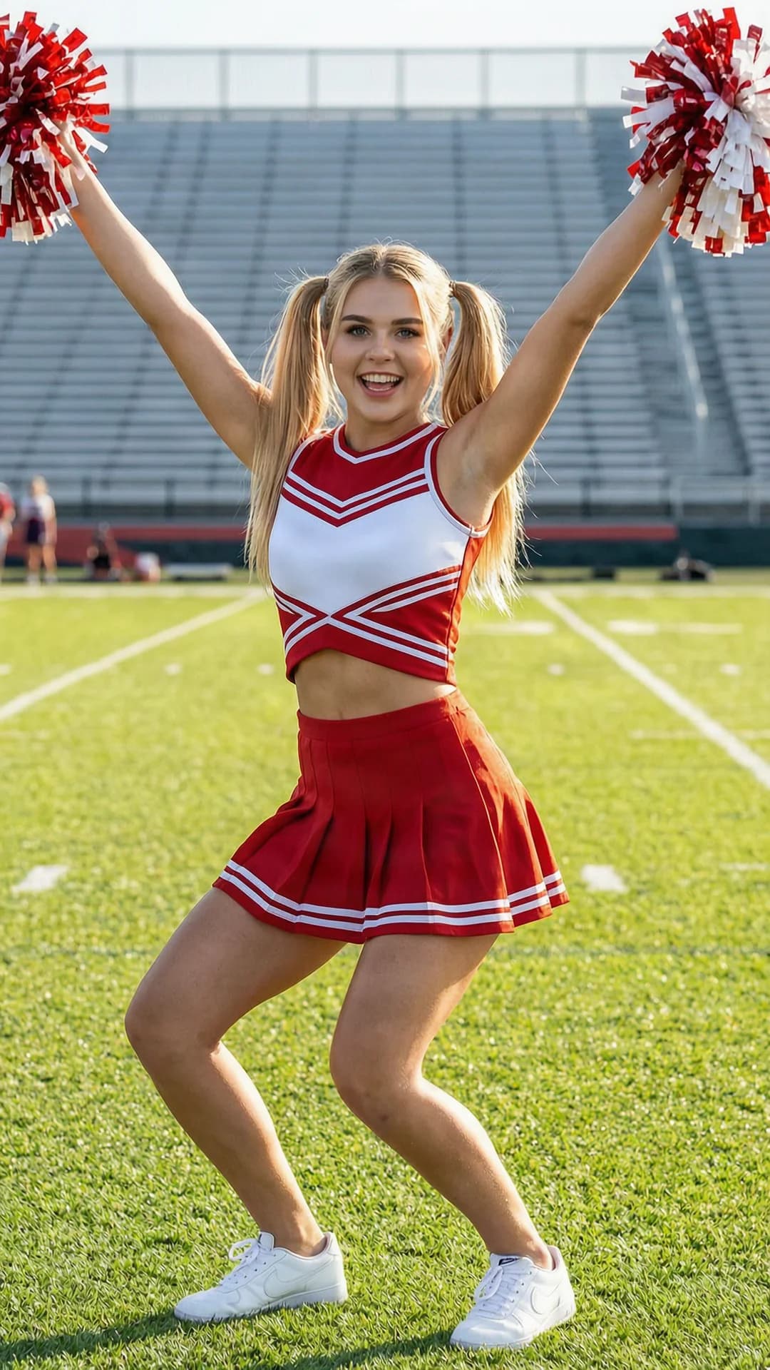 A 21-year-old Caucasian woman with blonde pigtails, bright blue eyes, and a fit toned body type, wearing a classic cheerleader outfit with a cropped white and red top and short pleated skirt, captured in a dynamic medium full-body shot from a slightly low front angle on a sunlit football field with stadium bleachers in the background, energetically cheering with both arms raised high holding red and white pom poms, legs in a dynamic bent-knee pose with hips slightly forward and athletic form tensed, big radiant smile showing teeth and bright sparkling eyes, making direct eye contact with joyful enthusiasm and excitement, vibrant natural daylight lighting with soft shadows highlighting her athletic form and flowing pigtails, realistic style, Flawless anatomy, no extra digits, no extra limbs, realistic skin texture, high-detail.