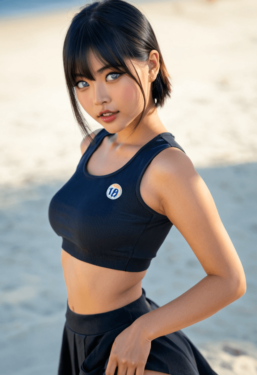 Wearing short black tennis skirt and a crop top shirt, portrait picture, looking at the viewer with a smile, wearing a stylish bikini on the beach