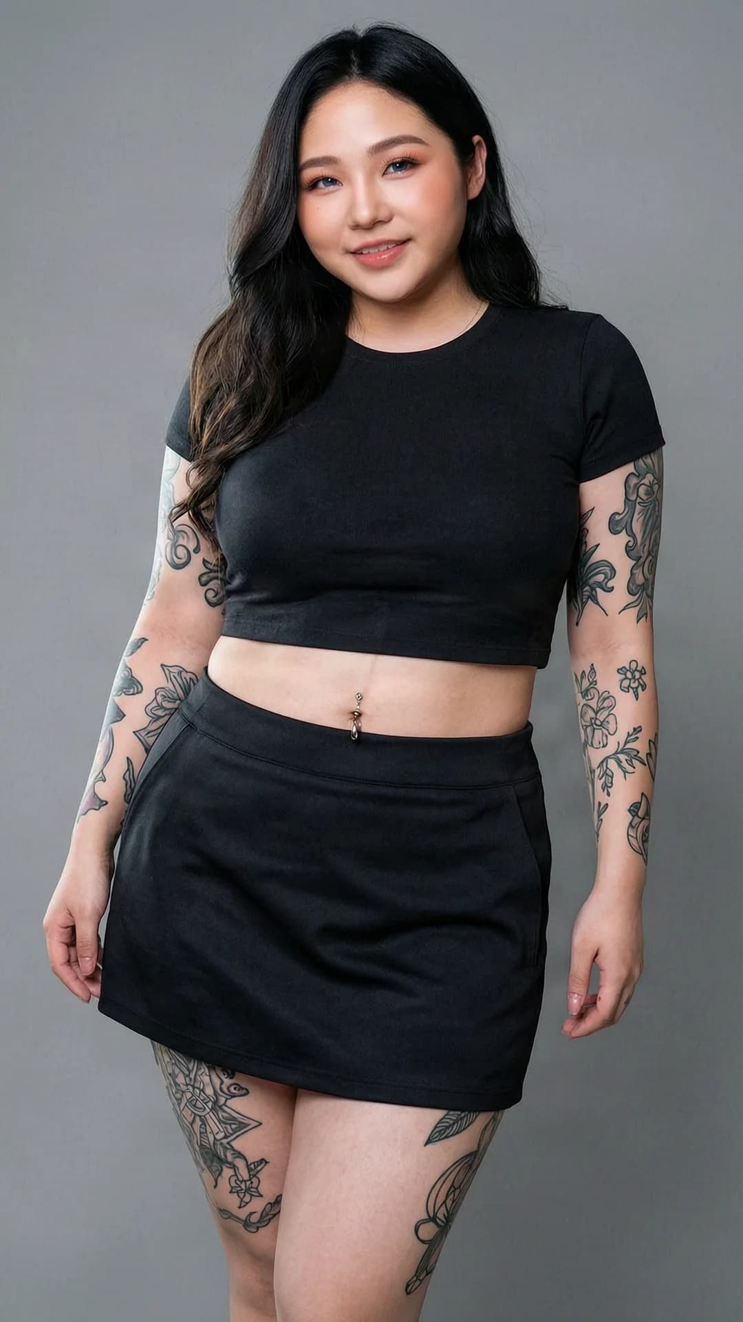 23-year-old chubby Asian woman with long black hair, blue eyes, visible tattoos across her skin, belly piercings and nipple piercings subtly outlined beneath fabric, wearing a short black tennis skirt and tight crop top shirt that exposes her midriff, standing in a neutral studio setting with soft diffused lighting, medium close-up portrait from front angle with direct eye contact and a warm genuine smile, lips gently parted, relaxed confident pose with slight hip tilt, realistic style, flawless anatomy, no extra digits, no extra limbs, realistic skin texture, high-detail.