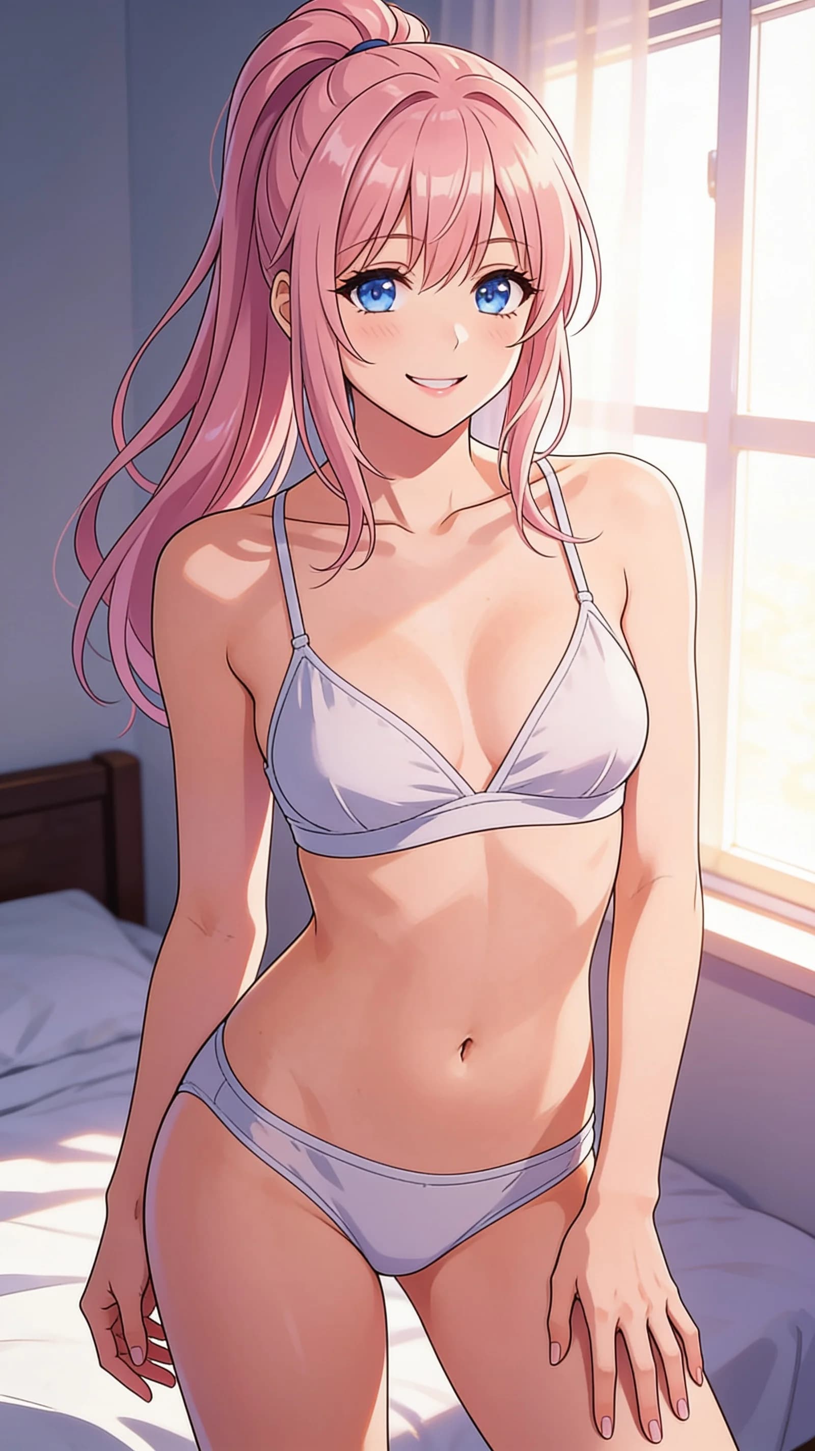 anime style, 2D cel-shaded anime illustration, anime key visual, flat cel shading, clean bold line art, vibrant saturated colors, large detailed expressive anime eyes with crisp catchlights, flat 2D rendering, not photorealistic, not 3D render, 21-year-old caucasian woman with pink hair in a high ponytail, blue eyes, skinny build, wearing a thin cotton bralette and matching cotton panties, standing in a relaxed confident pose with hips slightly tilted, vertical 9:16 portrait composition with the character centered and filling the frame head-to-mid-thigh, front-facing eye-level medium close-up shot, direct eye contact with a bright playful smile and lips gently curved upward, soft bedroom window light casting gentle highlights and subtle shadows across her skin, nsfw, detailed anime cel shading, crisp clean linework, correct anatomy, hands cleanly drawn with five fingers, studio-quality anime key visual; avoid: photorealistic, 3D render, extra fingers, deformed hands, blurry, low detail.