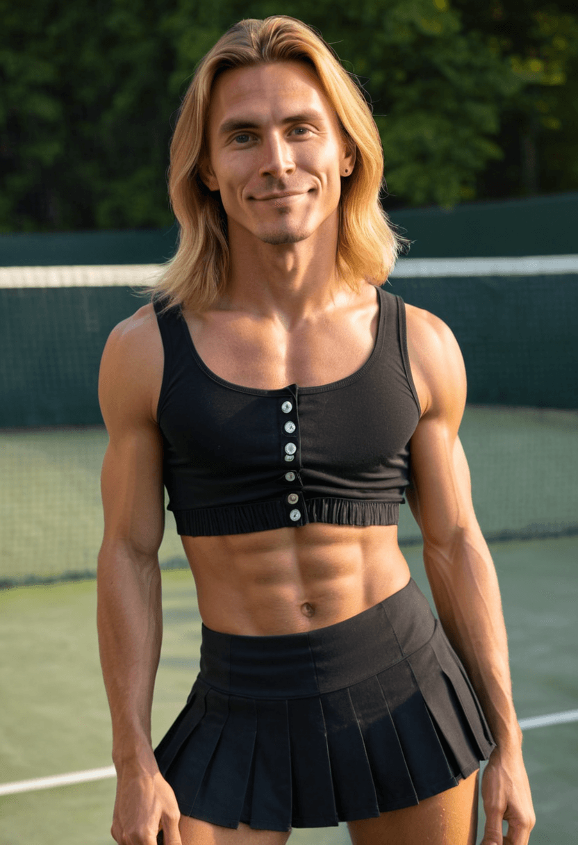 Wearing short black tennis skirt and a crop top shirt, portrait picture, looking at the viewer with a smile