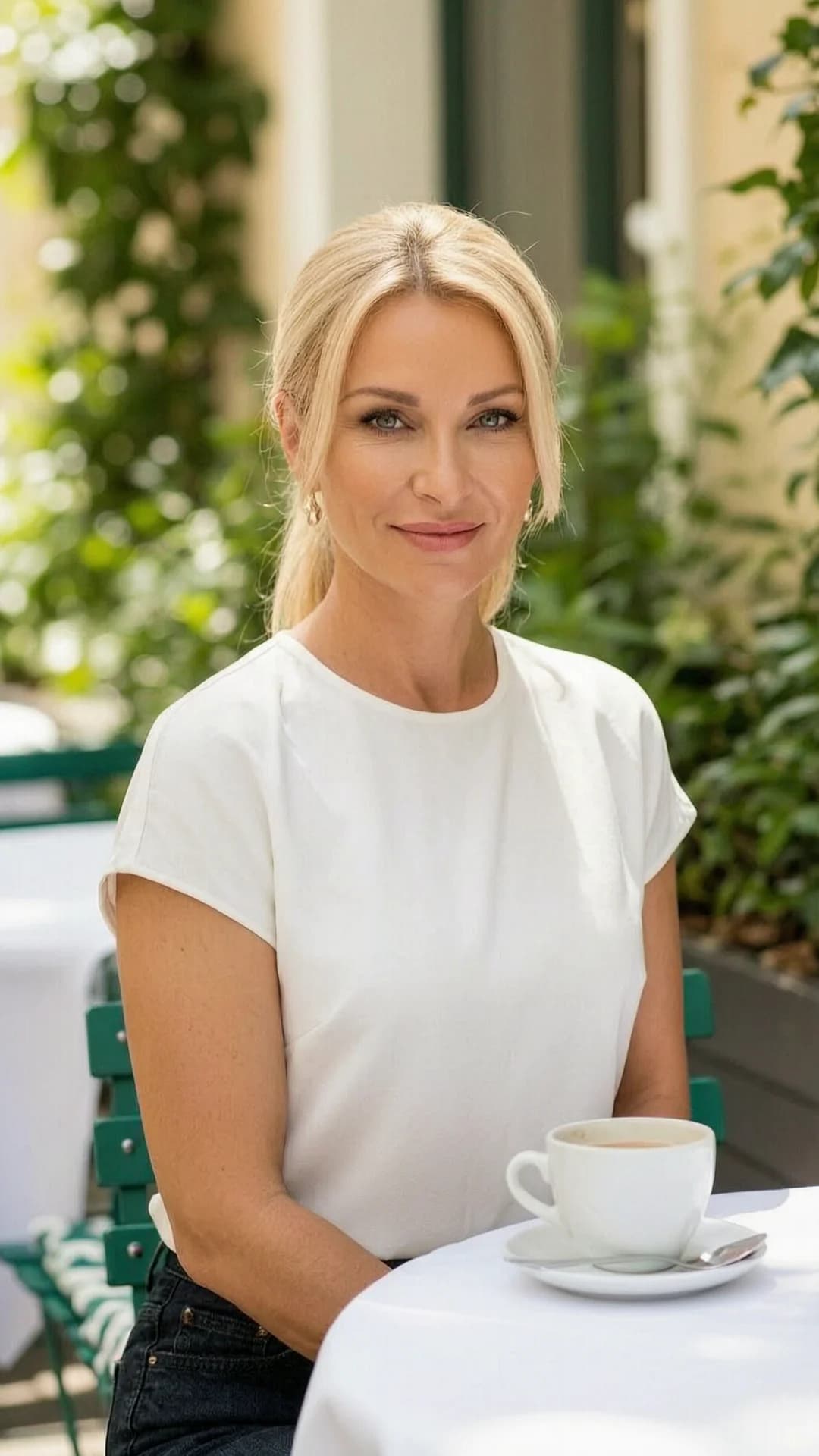 38-year-old Caucasian woman with fit body, blue eyes and blonde ponytail hair, standing in a softly lit modern interior, medium close-up from front angle with slight downward tilt, direct intense eye contact with confident smile and lips gently parted, wearing a fitted white blouse and dark jeans, natural body posture with shoulders relaxed and hair volume emphasized by soft side lighting that catches the ponytail strands, realistic skin texture and subtle sheen, Flawless anatomy, no extra digits, no extra limbs, realistic skin texture, high-detail.
