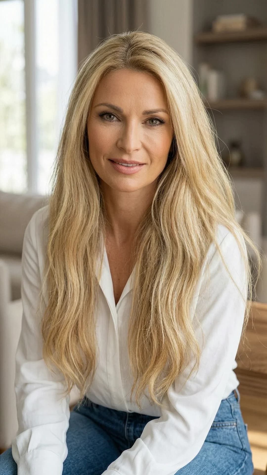 A 38-year-old Caucasian woman with long loose flowing blonde hair, piercing blue eyes, and a fit athletic body, standing in a softly lit modern living room with her hair cascading freely over her shoulders and back to fully reveal its length and volume, wearing a casual white blouse and fitted jeans, body angled slightly toward the viewer with relaxed shoulders, medium close-up from eye-level front angle, intense direct eye contact with warm confident expression and lips gently parted, natural daylight softly illuminating her features and hair strands, realistic style, Flawless anatomy, no extra digits, no extra limbs, realistic skin texture, high-detail.