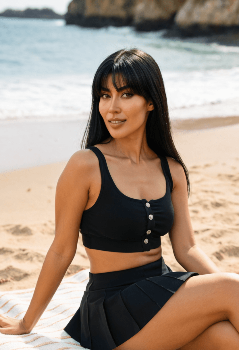 Wearing short black tennis skirt and a crop top shirt, portrait picture, looking at the viewer with a smile, wearing an elegant knee-length skirt, sitting casually, relaxed pose, tanning on a beach lounger, on a sunny beach with ocean waves