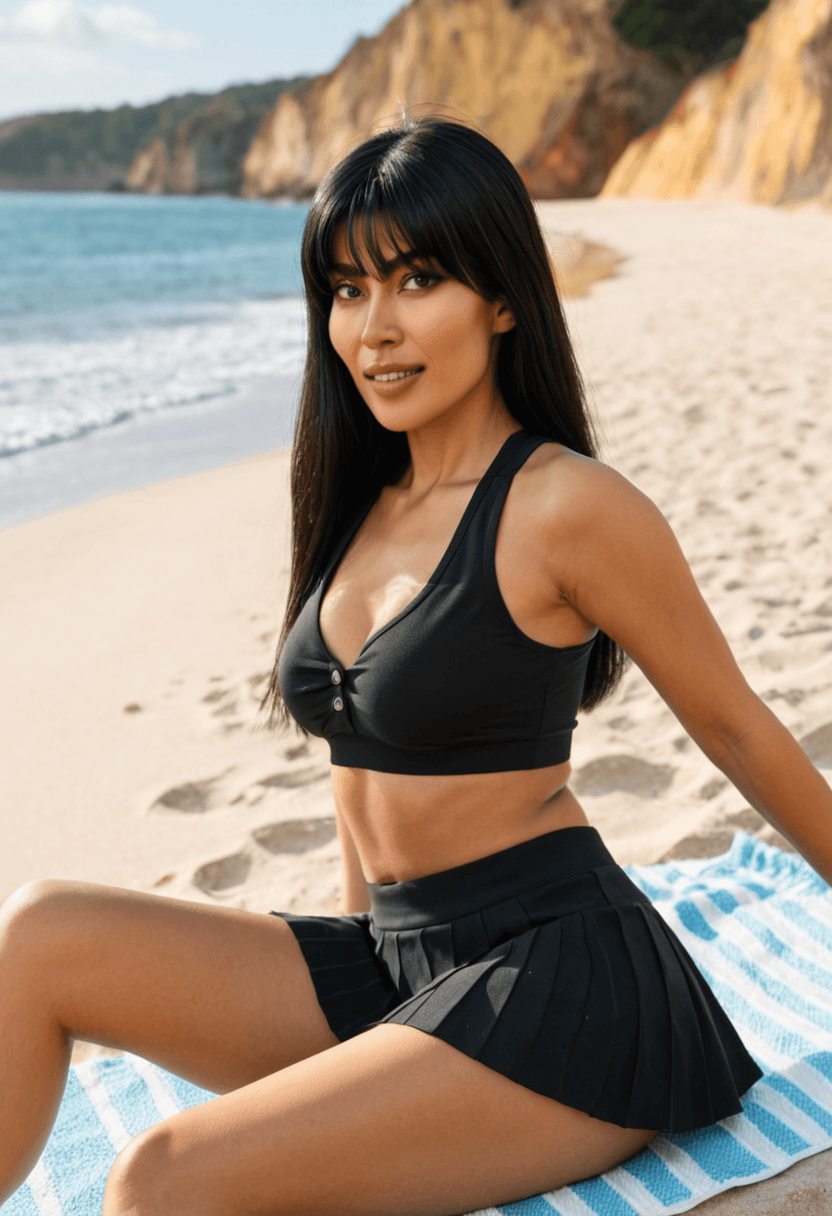 Wearing short black tennis skirt and a crop top shirt, portrait picture, looking at the viewer with a smile, wearing an elegant knee-length skirt, sitting casually, relaxed pose, tanning on a beach lounger, on a sunny beach with ocean waves