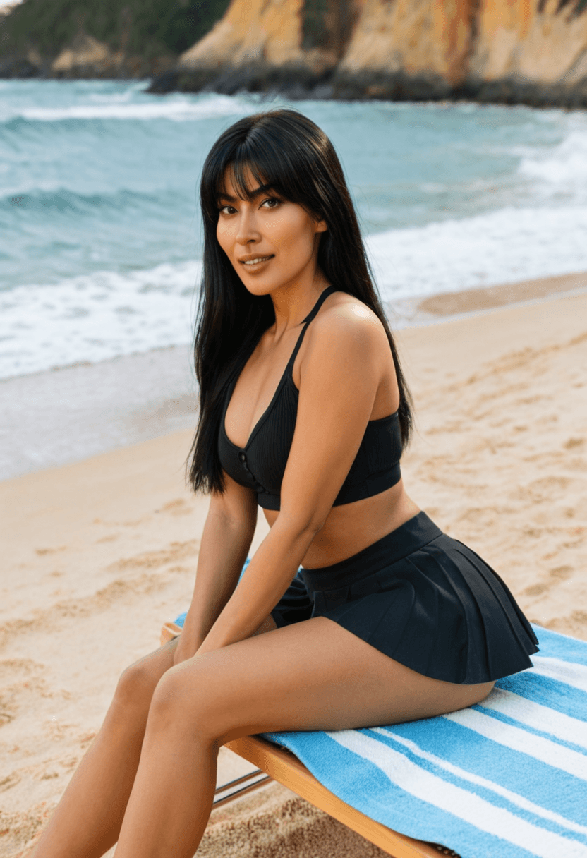 Wearing short black tennis skirt and a crop top shirt, portrait picture, looking at the viewer with a smile, wearing an elegant knee-length skirt, sitting casually, relaxed pose, tanning on a beach lounger, on a sunny beach with ocean waves