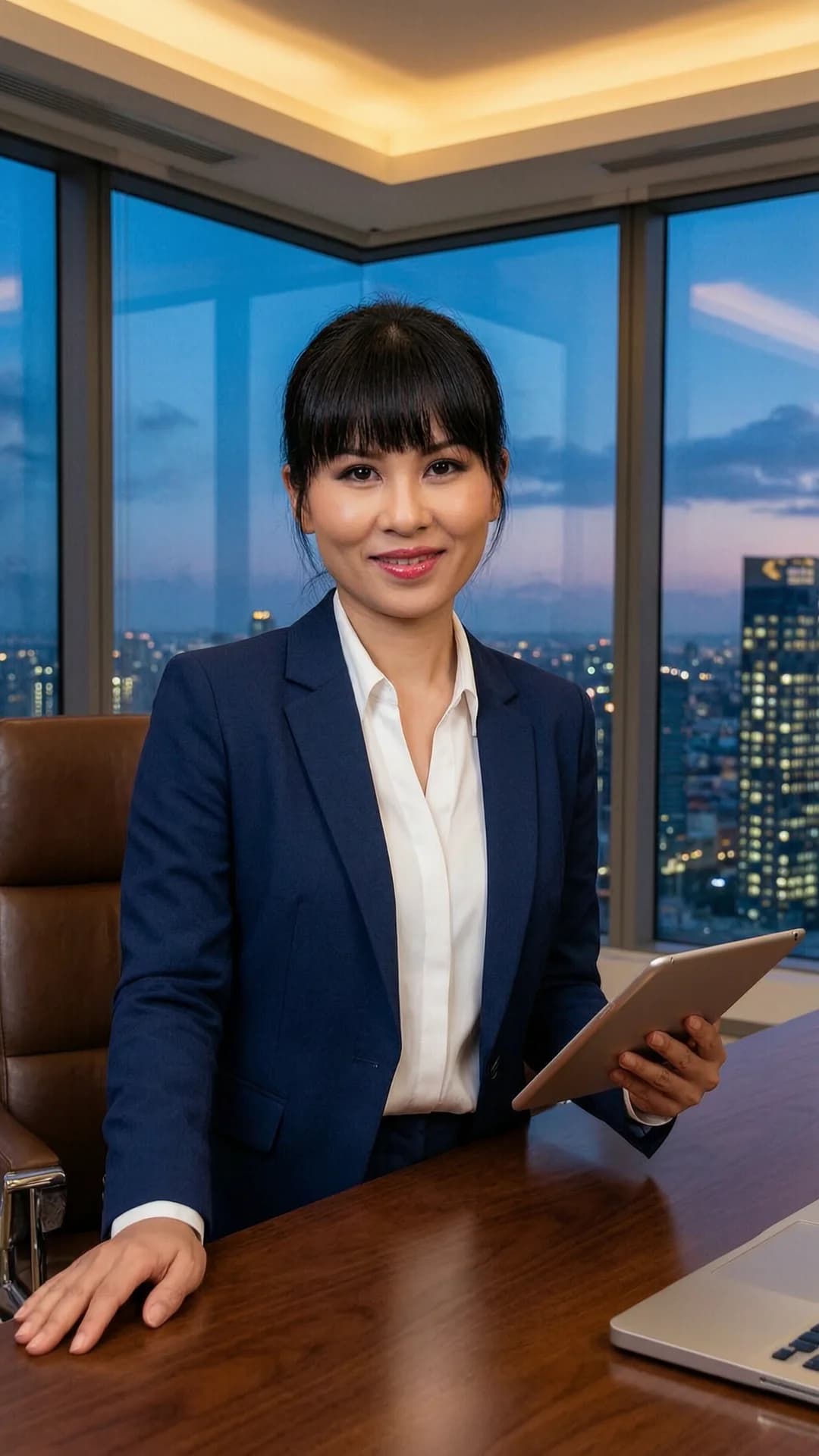 A 36-year-old Asian woman with black hair styled in bangs, brown eyes, fit body type, and sophisticated makeup, wearing a tailored navy blue power suit with crisp white blouse underneath, sitting confidently at a sleek executive desk in a modern corner office with floor-to-ceiling windows revealing a glittering city skyline at dusk, professional headshot composition captured from a direct eye-level medium close-up angle, holding a tablet in one hand while the other rests on the desk, warm confident smile with direct eye contact conveying poised authority and subtle allure, styled hair perfectly groomed, soft warm ambient lighting highlighting her features and the luxurious office setting, realistic style, Flawless anatomy, no extra digits, no extra limbs, realistic skin texture, high-detail.