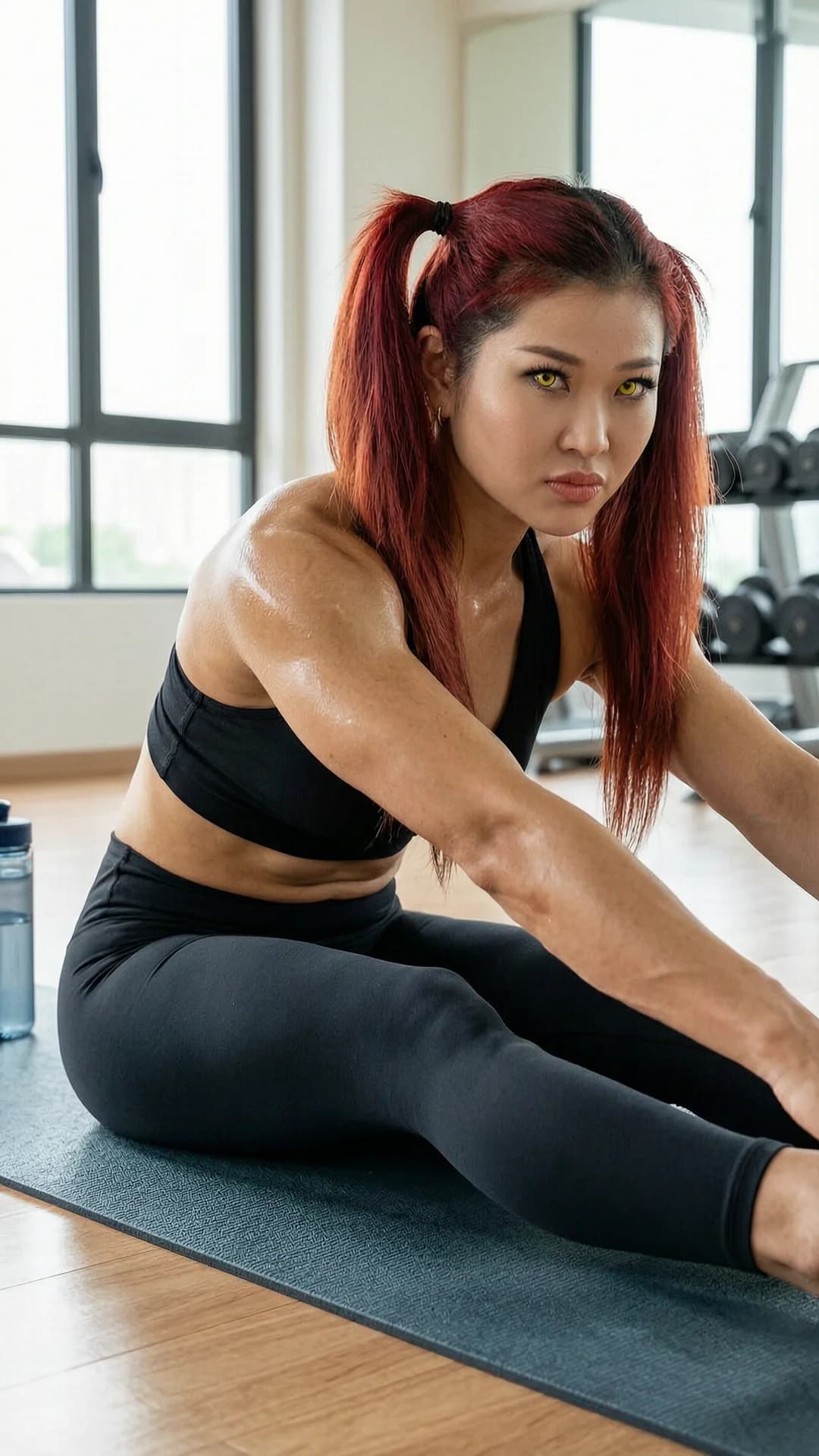 25-year-old Asian woman with vibrant red pigtails, striking yellow eyes, and a powerfully muscular athletic build, wearing tight form-fitting black yoga pants and a cropped sports bra that accentuates her toned physique, captured in a dynamic medium close-up side angle POV while holding a deep forward stretching pose on a yoga mat inside a modern sunlit gym, natural window lighting casting soft highlights across her sweat-sheened skin and flexed muscles, direct intense eye contact with the viewer conveying focused determination and inner strength, lips pressed together in concentration, water bottle resting nearby on the polished floor, visible muscle tension in her powerful thighs, core, and shoulders, realistic skin texture with subtle sheen, fitness photography style, motivational atmosphere, healthy lifestyle vibe, Flawless anatomy, no extra digits, no extra limbs, realistic skin texture, high-detail.