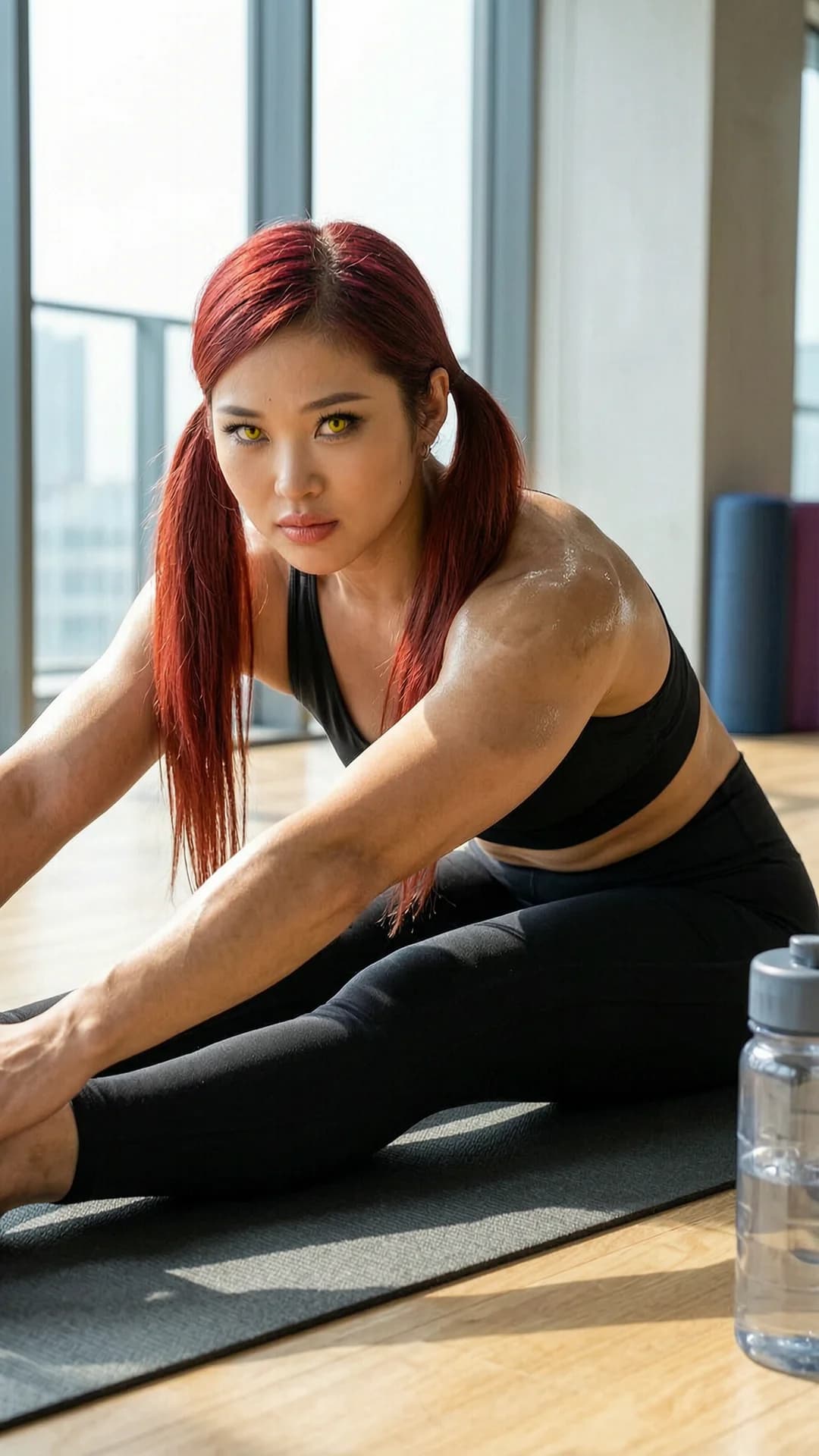 25-year-old Asian woman with vibrant red pigtails, striking yellow eyes, and a powerfully muscular athletic build, wearing tight form-fitting black yoga pants and a cropped sports bra that accentuates her toned physique, captured in a dynamic medium close-up side angle POV while holding a deep forward stretching pose on a yoga mat inside a modern sunlit gym, natural window lighting casting soft highlights across her sweat-sheened skin and flexed muscles, direct intense eye contact with the viewer conveying focused determination and inner strength, lips pressed together in concentration, water bottle resting nearby on the polished floor, visible muscle tension in her powerful thighs, core, and shoulders, realistic skin texture with subtle sheen, fitness photography style, motivational atmosphere, healthy lifestyle vibe, Flawless anatomy, no extra digits, no extra limbs, realistic skin texture, high-detail.