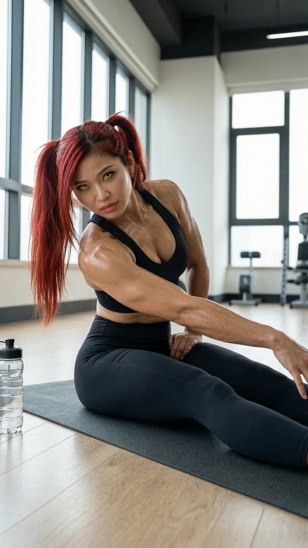 25-year-old Asian woman with vibrant red pigtails, striking yellow eyes, and a powerfully muscular athletic build, wearing tight form-fitting black yoga pants and a cropped sports bra that accentuates her toned physique, captured in a dynamic medium close-up side angle POV while holding a deep forward stretching pose on a yoga mat inside a modern sunlit gym, natural window lighting casting soft highlights across her sweat-sheened skin and flexed muscles, direct intense eye contact with the viewer conveying focused determination and inner strength, lips pressed together in concentration, water bottle resting nearby on the polished floor, visible muscle tension in her powerful thighs, core, and shoulders, realistic skin texture with subtle sheen, fitness photography style, motivational atmosphere, healthy lifestyle vibe, Flawless anatomy, no extra digits, no extra limbs, realistic skin texture, high-detail.