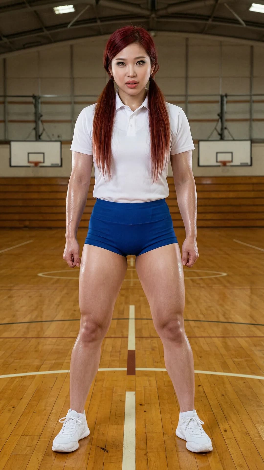 25-year-old Asian woman with red pigtails, yellow eyes and a muscular body featuring prominent pubic hair, wearing a traditional Japanese gym uniform of white short-sleeved shirt and tight blue bloomers, standing in an empty school gymnasium with polished wooden floors and basketball hoops in the background, full body view from a low front angle, direct intense eye contact with focused athletic confidence and lips parted, muscular thighs and arms tensed from exercise, light sweat sheen on skin, realistic style, Flawless anatomy, no extra digits, no extra limbs, realistic skin texture, high-detail.