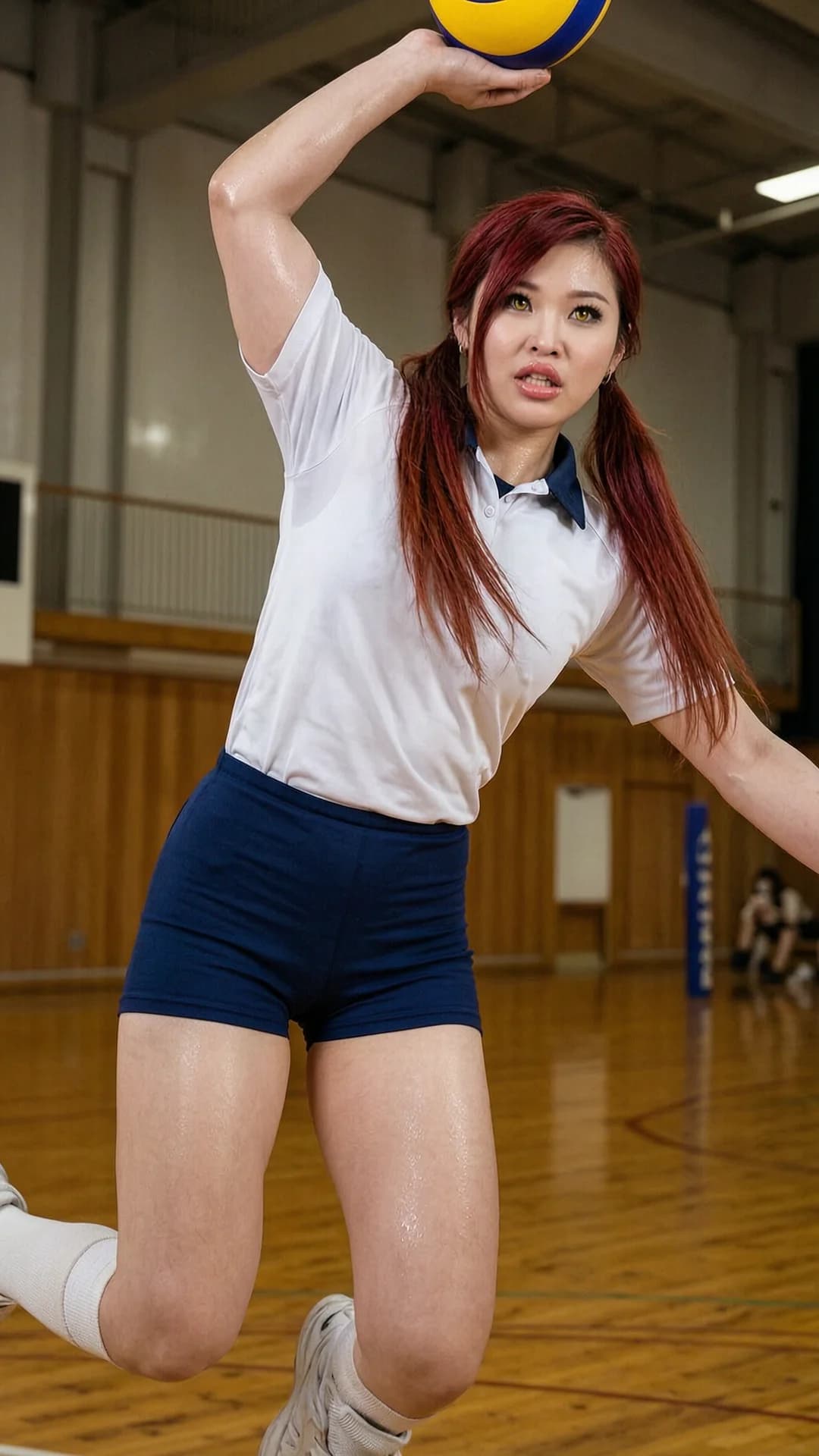 25-year-old Asian woman with red pigtails, yellow eyes, and a muscular body, wearing a traditional Japanese gym uniform of white short-sleeved shirt and tight navy bloomers, muscular thighs, in a school gymnasium, captured dynamically mid-jump while spiking a volleyball with powerful arm extension, low-angle front POV emphasizing her athletic form, intense direct eye contact with focused competitive expression and lips parted, sweat-sheened skin with realistic muscle tension and breast movement under the fabric, Flawless anatomy, no extra digits, no extra limbs, realistic skin texture, high-detail.