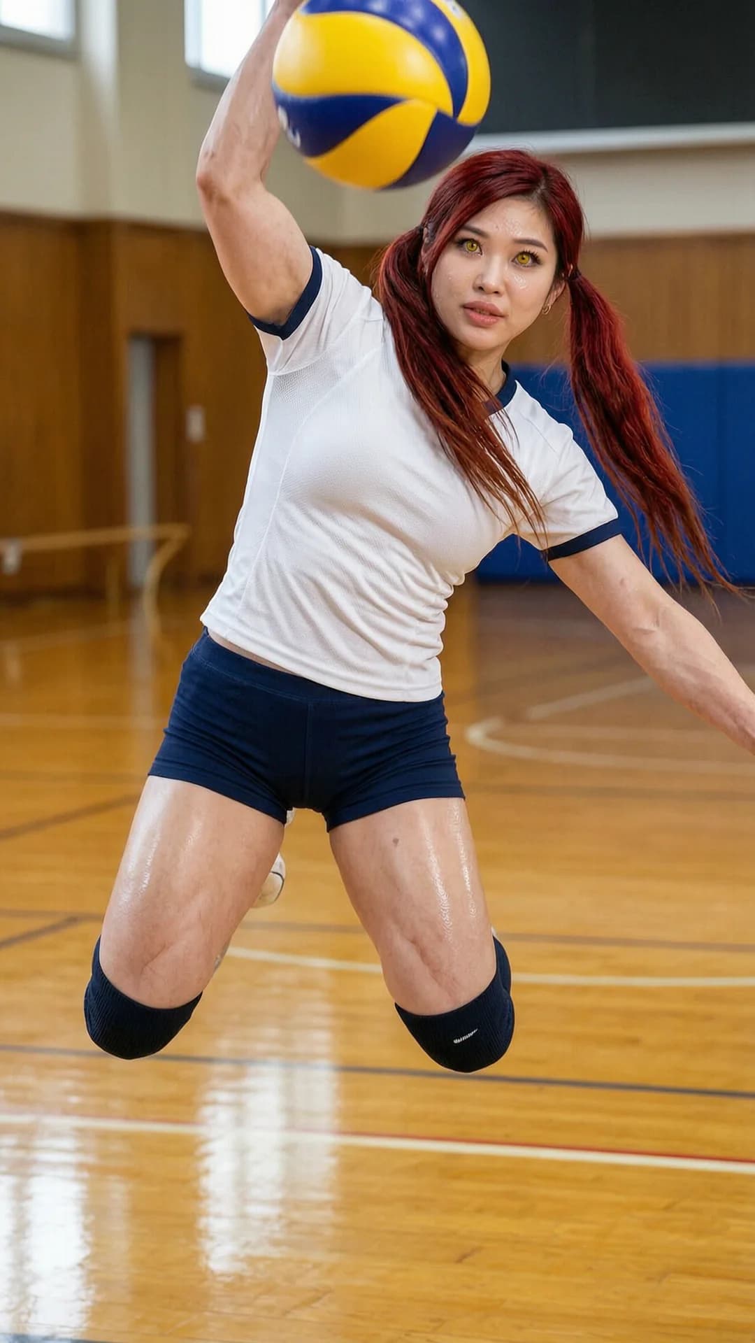 25-year-old Asian woman with red pigtails, yellow eyes, and a muscular body, wearing a traditional Japanese gym uniform of white short-sleeved shirt and tight navy bloomers, muscular thighs, in a school gymnasium, captured dynamically mid-jump while spiking a volleyball with powerful arm extension, low-angle front POV emphasizing her athletic form, intense direct eye contact with focused competitive expression and lips parted, sweat-sheened skin with realistic muscle tension and breast movement under the fabric, Flawless anatomy, no extra digits, no extra limbs, realistic skin texture, high-detail.
