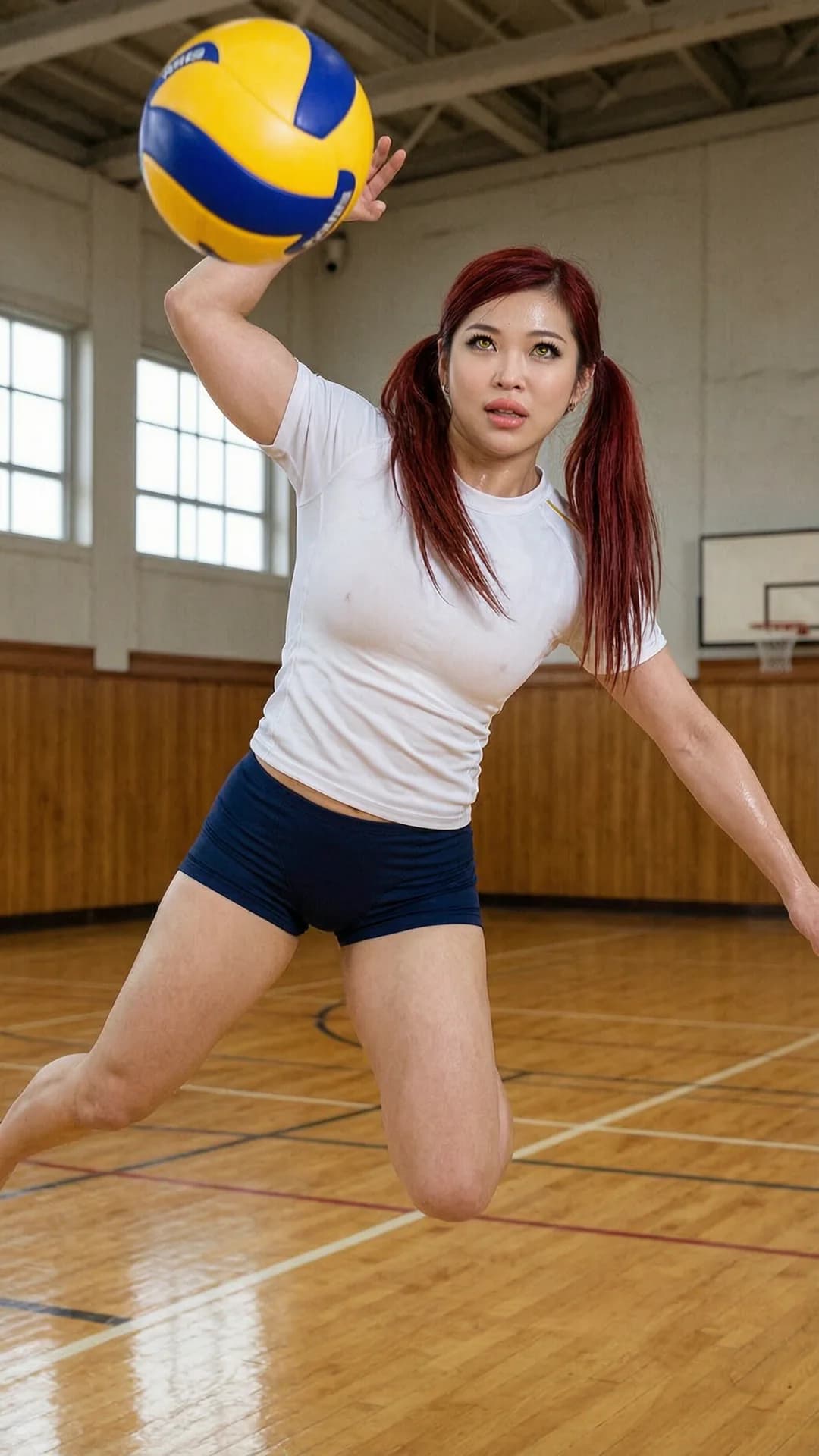 25-year-old Asian woman with red pigtails, yellow eyes, and a muscular body, wearing a traditional Japanese gym uniform of white short-sleeved shirt and tight navy bloomers, muscular thighs, in a school gymnasium, captured dynamically mid-jump while spiking a volleyball with powerful arm extension, low-angle front POV emphasizing her athletic form, intense direct eye contact with focused competitive expression and lips parted, sweat-sheened skin with realistic muscle tension and breast movement under the fabric, Flawless anatomy, no extra digits, no extra limbs, realistic skin texture, high-detail.