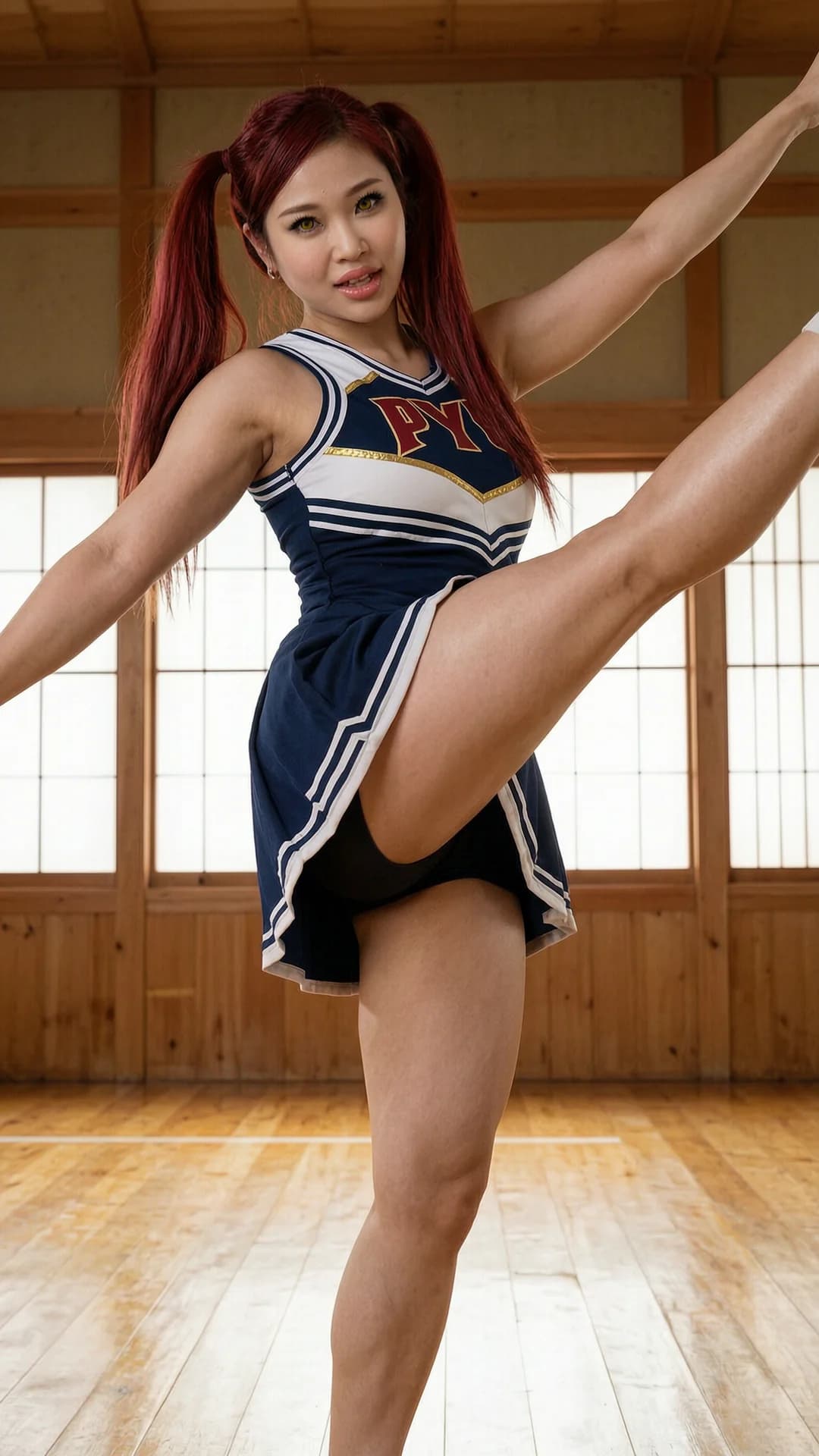 25-year-old asian woman with red pigtails, yellow eyes and muscular build wearing a traditional japanese gym uniform, performing a high-energy cheerleading pose with one leg raised high and arms extended, standing in a wooden dojo gym setting with soft natural light filtering through paper screens, strict low-angle POV looking up from below, intense direct eye contact with playful confidence and parted lips, glistening skin texture and taut muscle tension across her thighs and abdomen, flawless anatomy, no extra digits, no extra limbs, realistic skin texture, high-detail.