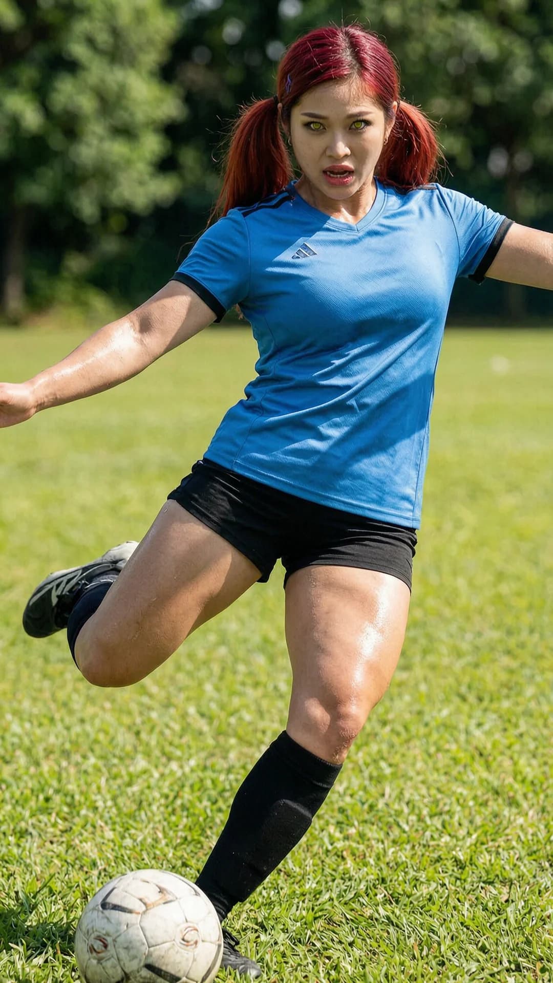 A 25-year-old muscular Asian woman with red hair in pigtails, piercing yellow eyes and athletic build, captured in dynamic sporty action while playing soccer on a sunlit grass field, mid-kick with powerful leg extended toward the ball, muscular thighs tensed, glistening sweat on skin, visible toned abs, body leaning forward in motion with breasts pressed against fabric, strict low-angle POV from the front emphasizing the action and anatomy, intense direct eye contact with fierce competitive lust, mouth open in exertion, realistic skin sheen and muscle definition, Flawless anatomy, no extra digits, no extra limbs, realistic skin texture, high-detail.