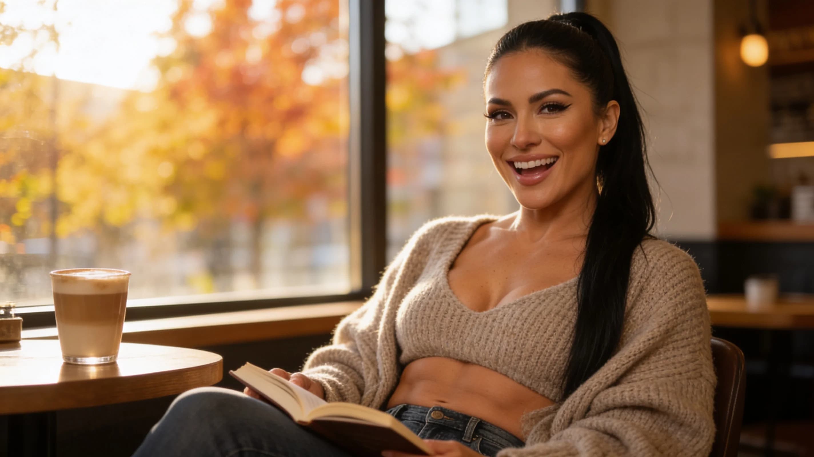 42-year-old Latina woman with fit body, black hair in a ponytail, brown eyes, wearing fitted jeans and a cozy oversized sweater, sitting relaxed in a trendy coffee shop with a latte on the table, holding an open book in her lap, natural sunlight streaming through large windows casting warm autumn colors across the scene, genuine laughing expression with mouth open in joy, medium close-up from eye-level angle capturing her comfortable and approachable vibe, warm direct eye contact with the viewer showing genuine laughter and crinkled eyes, body relaxed with slight forward lean, sweater fabric draping softly over her fit torso, casual lifestyle photography mood, Flawless anatomy, no extra digits, no extra limbs, realistic skin texture, high-detail.