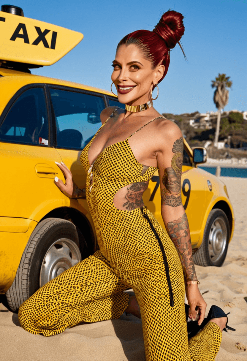 wearing a stylish bikini on the beach, wearing a stylish fitted jumpsuit, kneeling pose, elegant position, wearing a fashionable choker, with artistic tattoos, in a yellow taxi cab