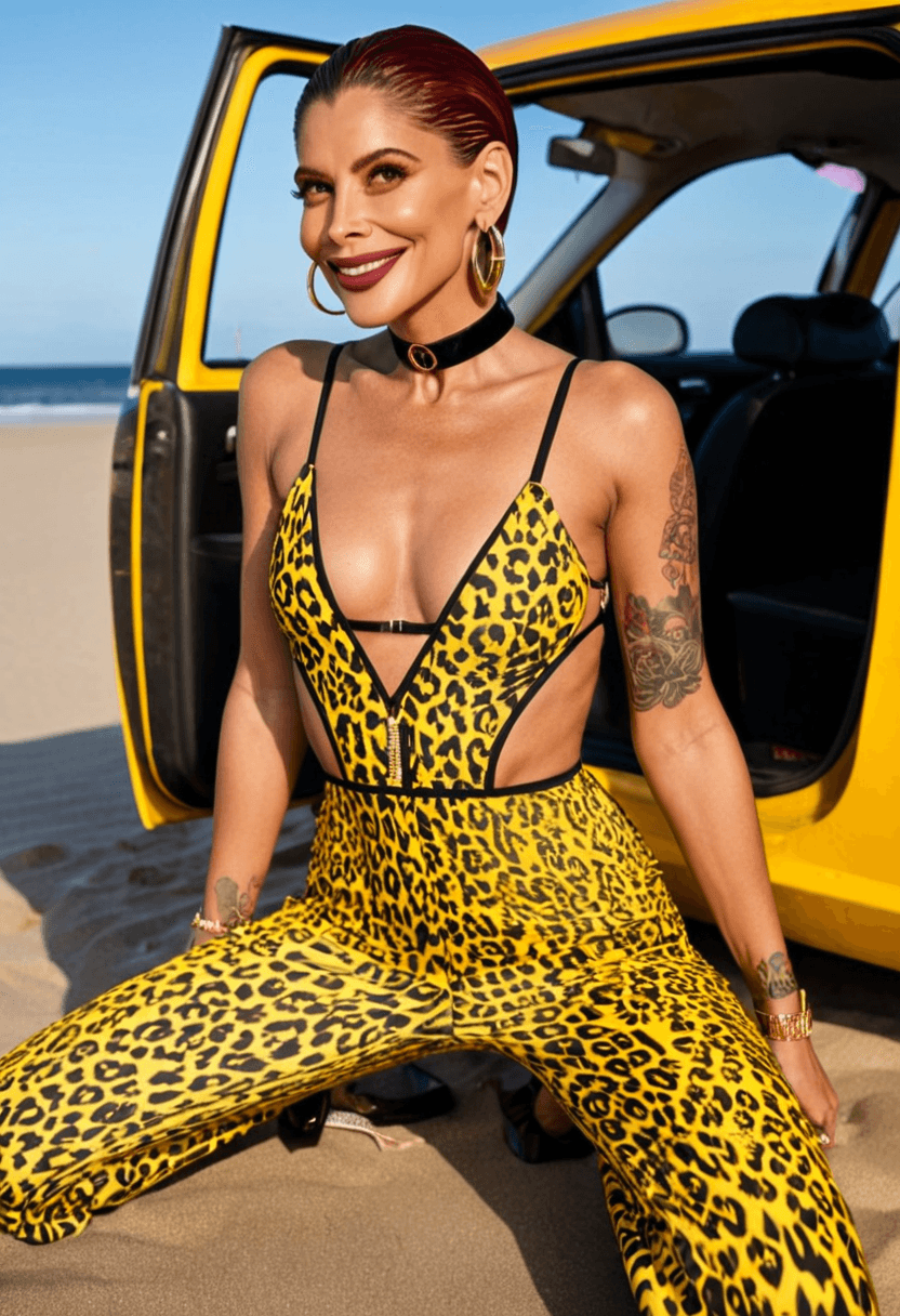 wearing a stylish bikini on the beach, wearing a stylish fitted jumpsuit, kneeling pose, elegant position, wearing a fashionable choker, with artistic tattoos, in a yellow taxi cab