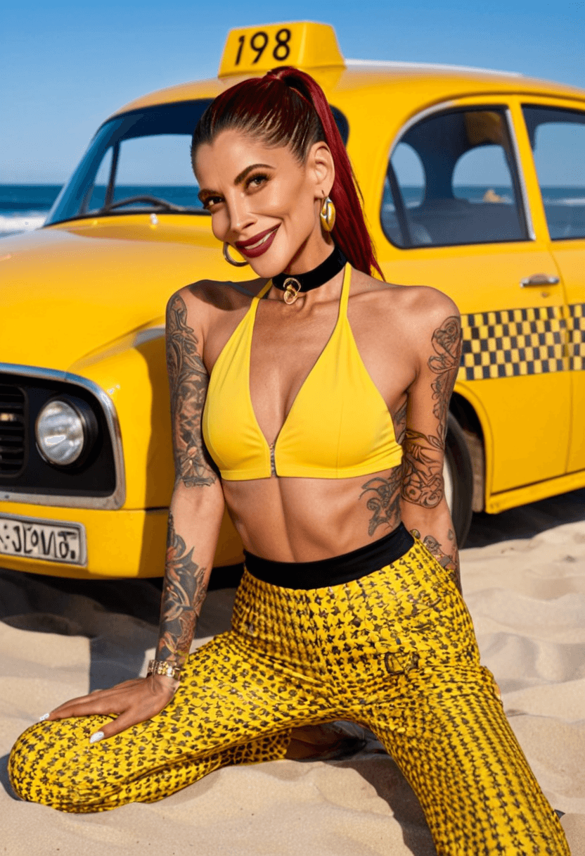 wearing a stylish bikini on the beach, wearing a stylish fitted jumpsuit, kneeling pose, elegant position, wearing a fashionable choker, with artistic tattoos, in a yellow taxi cab