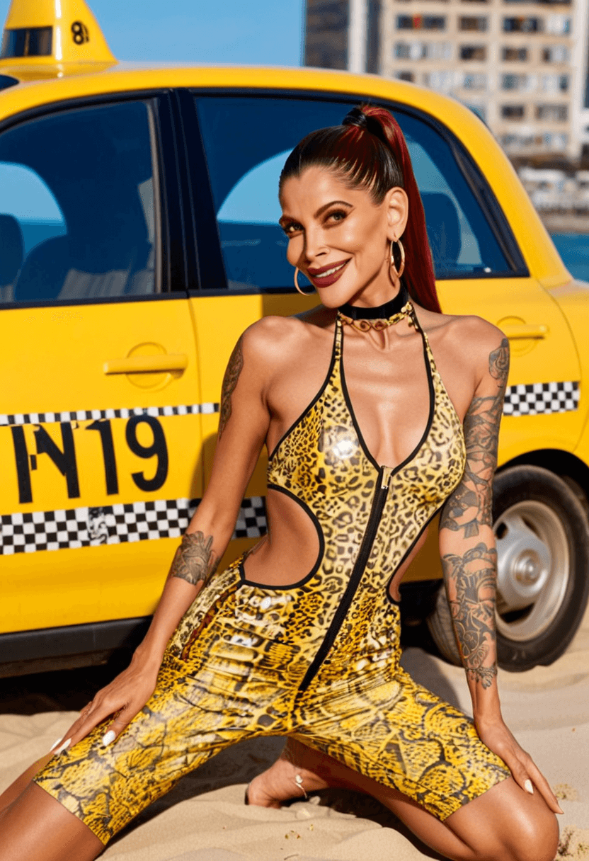 wearing a stylish bikini on the beach, wearing a stylish fitted jumpsuit, kneeling pose, elegant position, wearing a fashionable choker, with artistic tattoos, in a yellow taxi cab