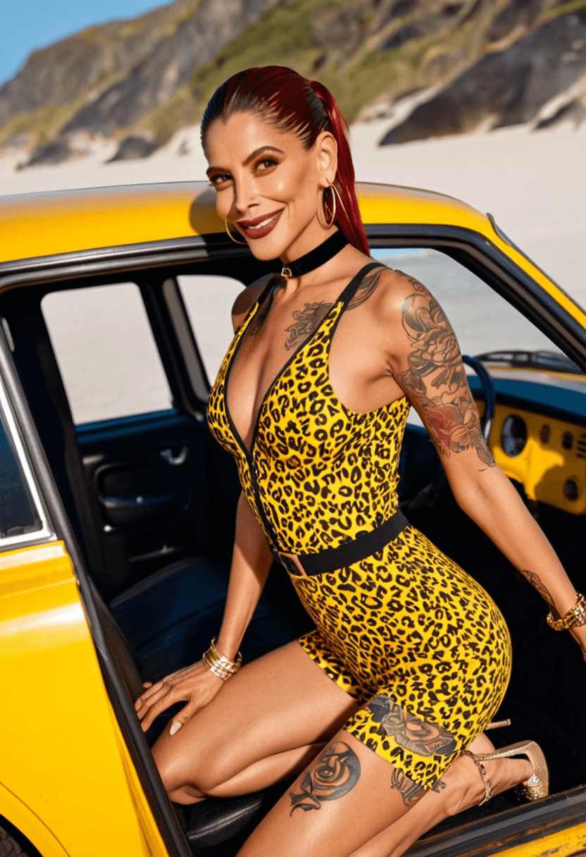 wearing a stylish bikini on the beach, wearing a stylish fitted jumpsuit, kneeling pose, elegant position, wearing a fashionable choker, with artistic tattoos, in a yellow taxi cab