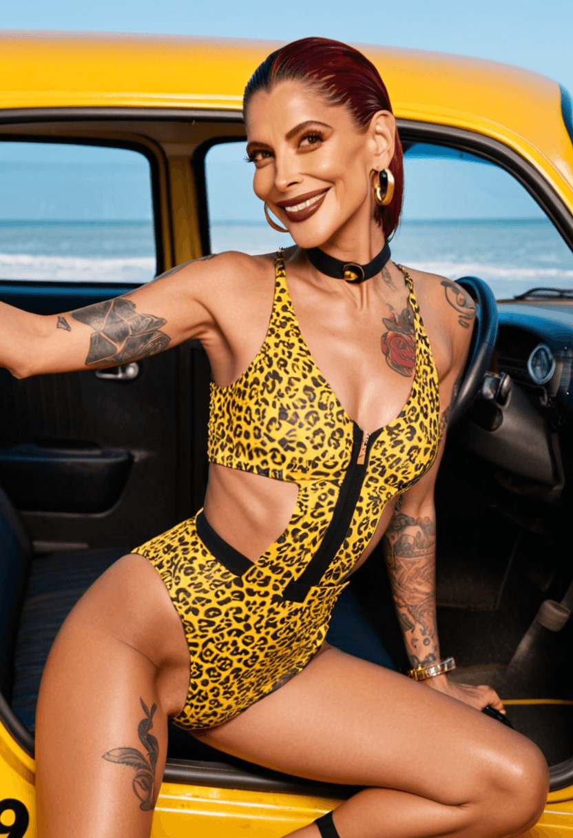wearing a stylish bikini on the beach, wearing a stylish fitted jumpsuit, kneeling pose, elegant position, wearing a fashionable choker, with artistic tattoos, in a yellow taxi cab