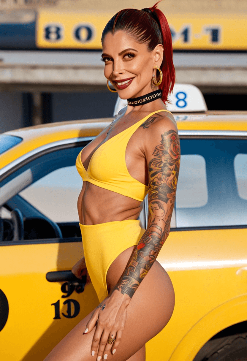 wearing a stylish bikini on the beach, wearing a stylish fitted jumpsuit, kneeling pose, elegant position, wearing a fashionable choker, with artistic tattoos, in a yellow taxi cab