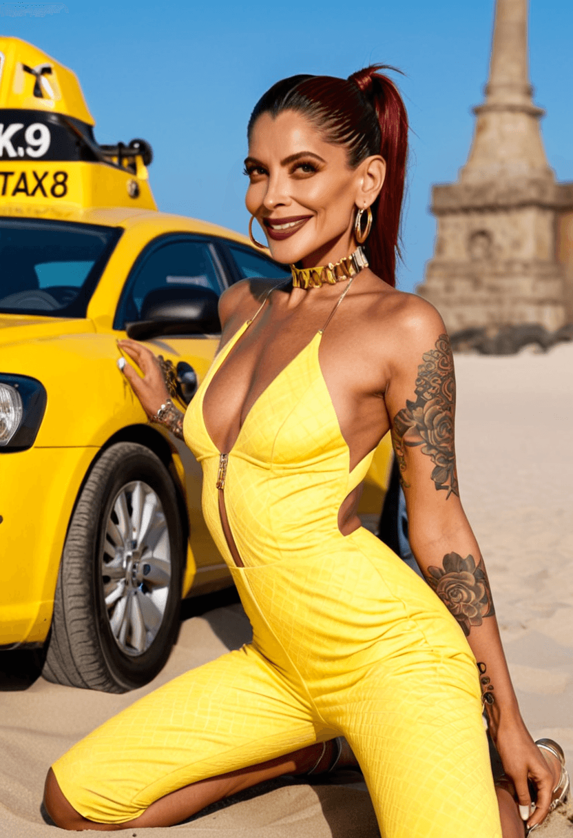 wearing a stylish bikini on the beach, wearing a stylish fitted jumpsuit, kneeling pose, elegant position, wearing a fashionable choker, with artistic tattoos, in a yellow taxi cab