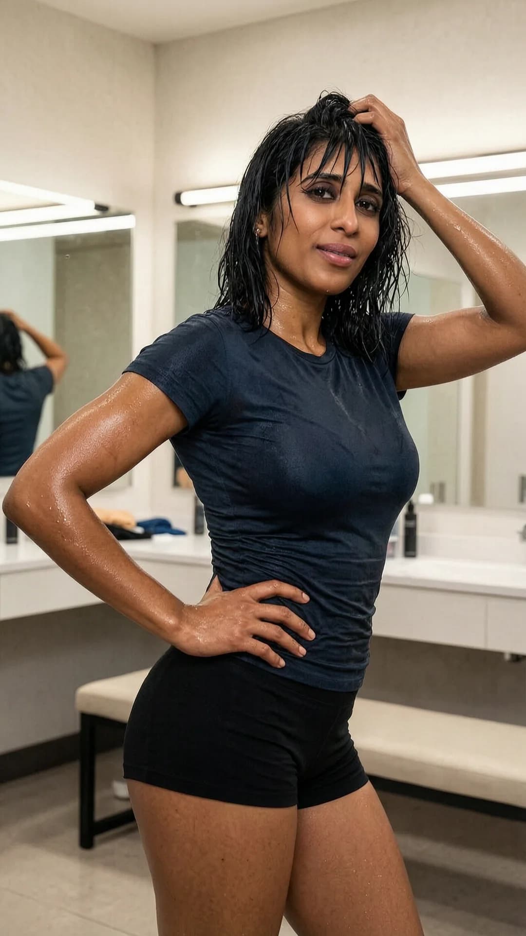 A 31-year-old Indian woman with a fit toned body, black hair with bangs, and brown eyes stands in a private dressing room after an intense workout, captured in a medium close-up from a three-quarter front angle with soft overhead lighting casting subtle highlights on her glistening sweat-slicked skin, wearing a tight clinging T-shirt and very short black shorts that hug her curves, one hand resting on her hip while the other brushes damp hair from her forehead, body slightly leaned forward with natural sweat beads trailing down her neck and arms, maintaining intense direct eye contact with the viewer and a satisfied post-workout expression with parted lips, realistic sweat sheen on her skin and fabric, detailed dressing room background with mirrors and benches, Flawless anatomy, no extra digits, no extra limbs, realistic skin texture, high-detail.