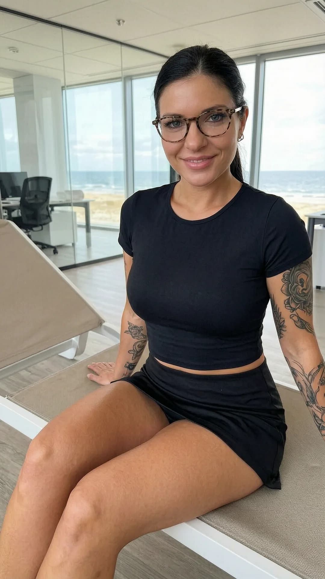 33-year-old Caucasian woman with fit body, black ponytail hair, blue eyes, stylish glasses, visible tattoos, wearing short black tennis skirt and crop top shirt, sitting relaxed on a beach lounger inside a modern office setting, close-up portrait from front angle with direct eye contact and warm smile, soft natural lighting highlighting skin texture and fabric details, flawless anatomy, no extra digits, no extra limbs, realistic skin texture, high-detail.